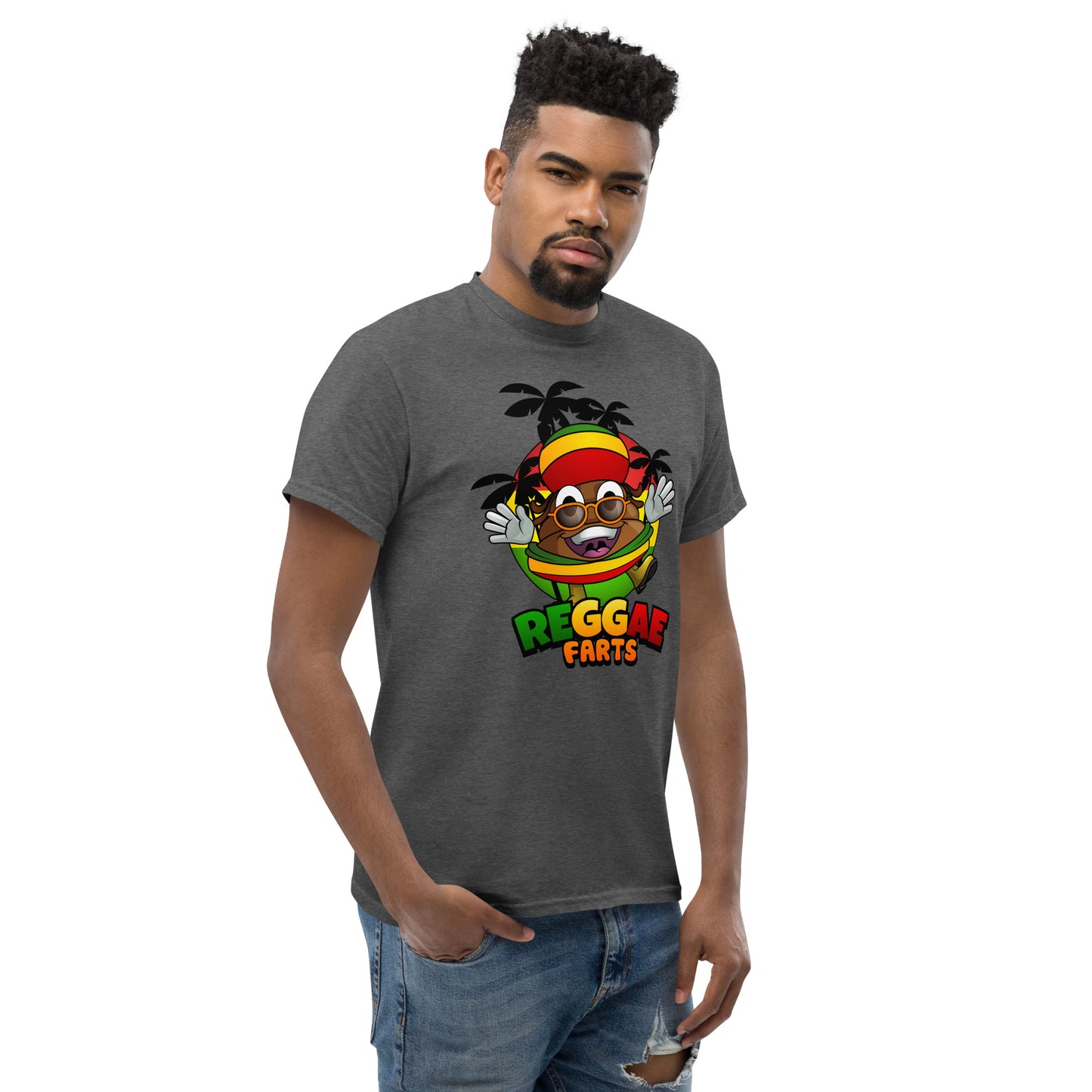 Mr Farts from Reggae Farts bold print on Dark Heather t-shirt