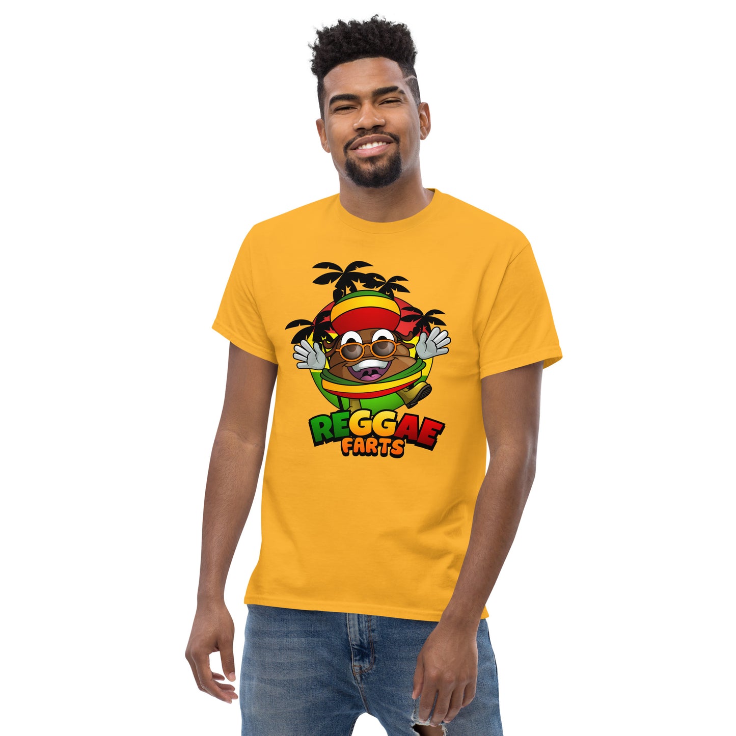 Model in gold Reggae Farts shirt