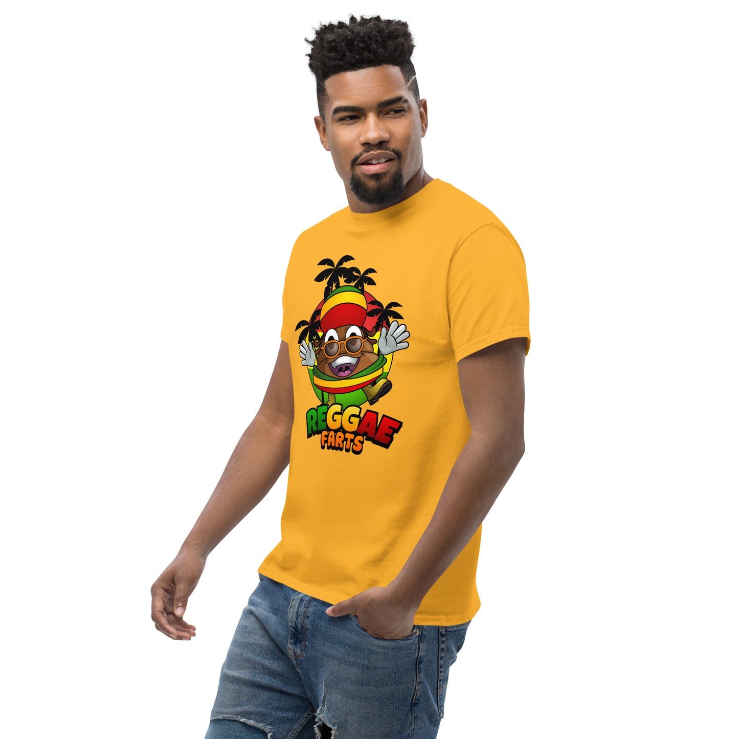 Side angle of model in gold reggae farts T-Shirt with bold print