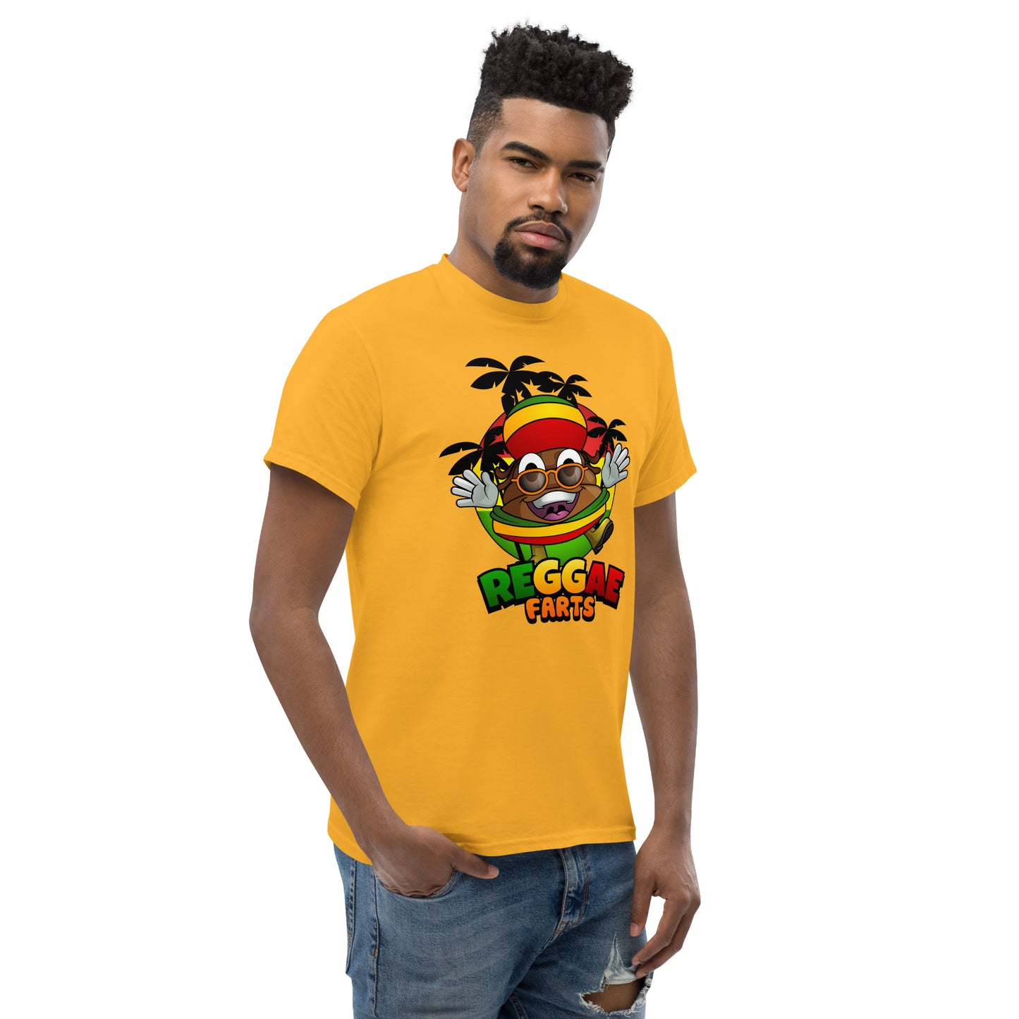 Mr Farts from Reggae Farts bold print on gold t-shirt