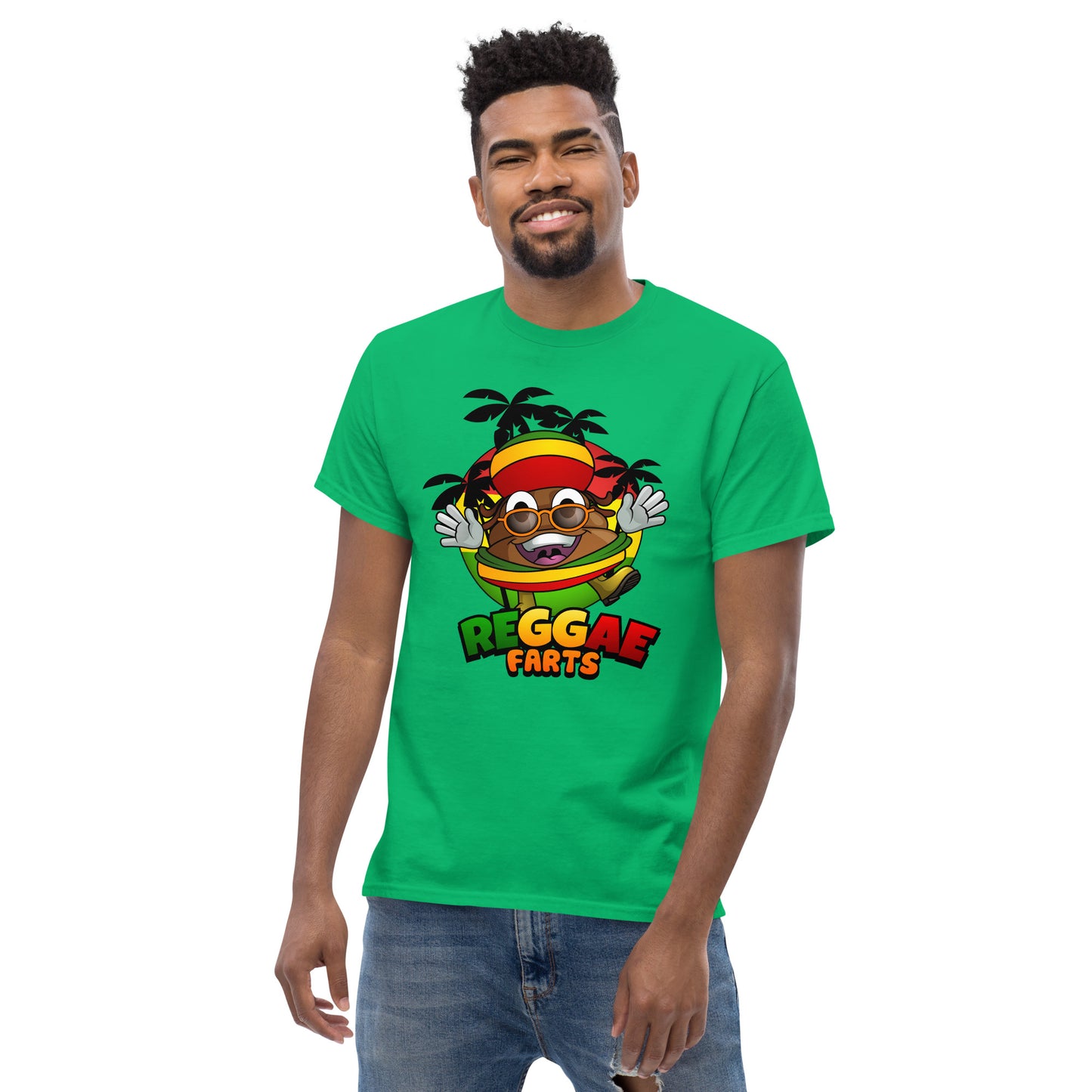 Model in green Reggae Farts tee