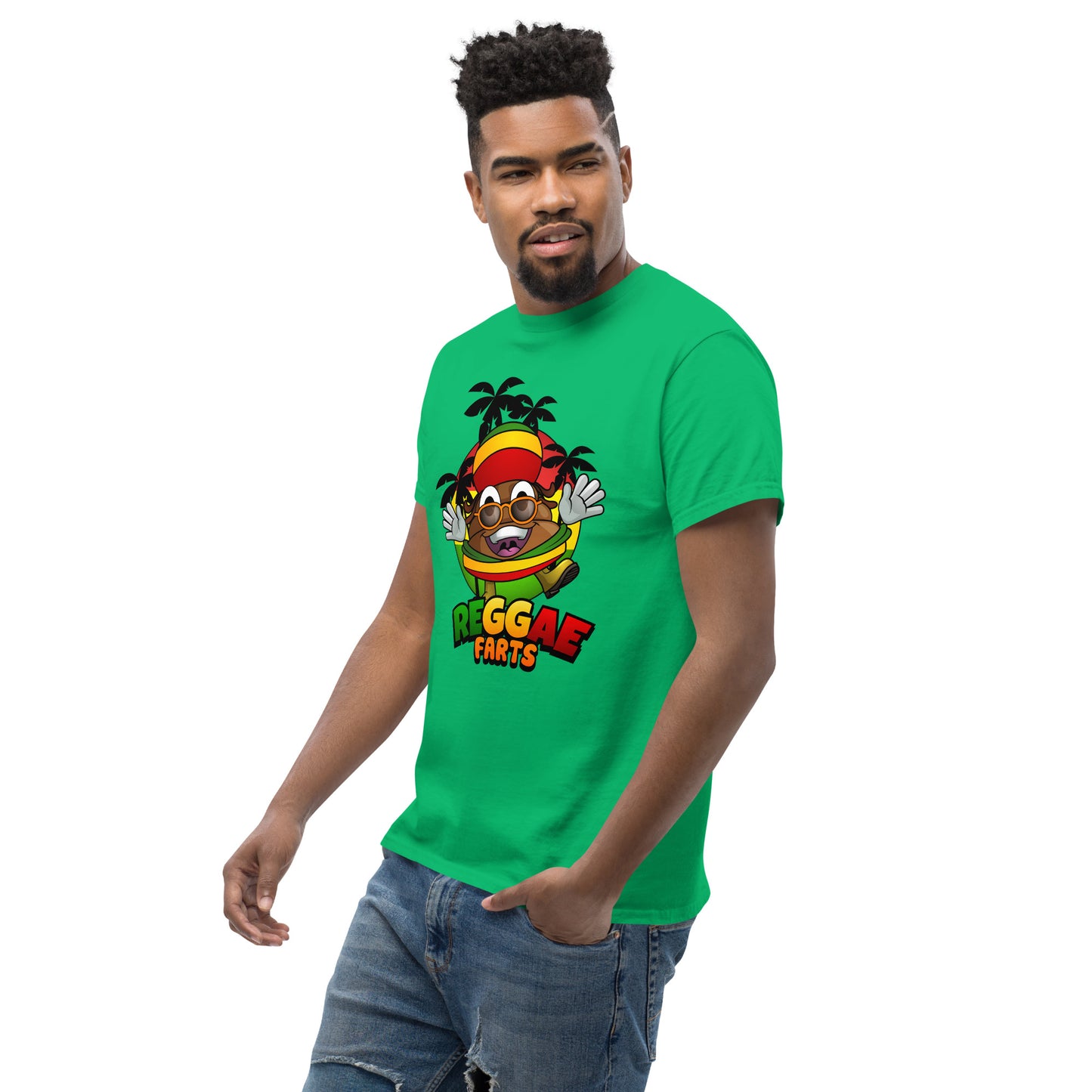 Close-up of Reggae Farts design on green shirt