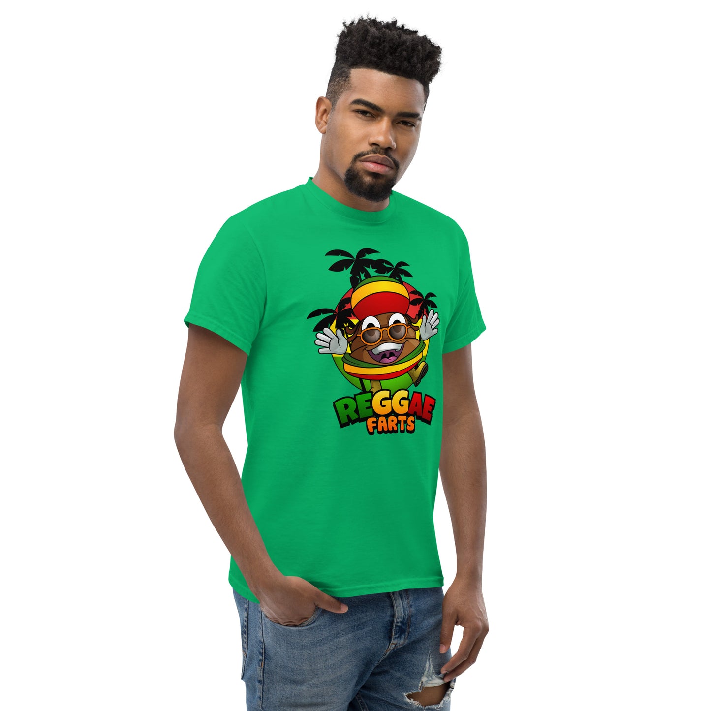 Side angle of model in green reggae farts T-Shirt with bold print