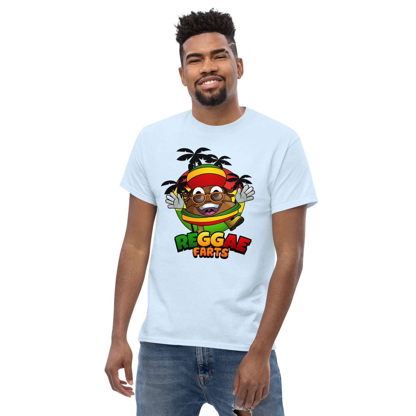Model in light blue Reggae Farts tee