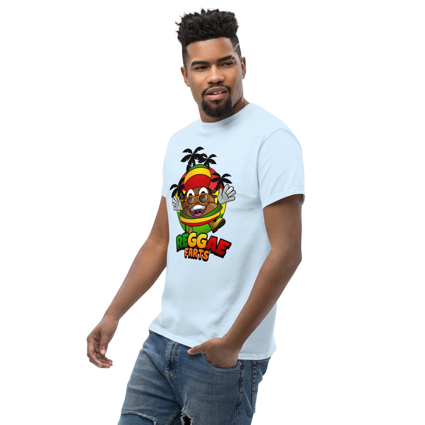 Side angle of model in light blue reggae farts T-Shirt with bold print