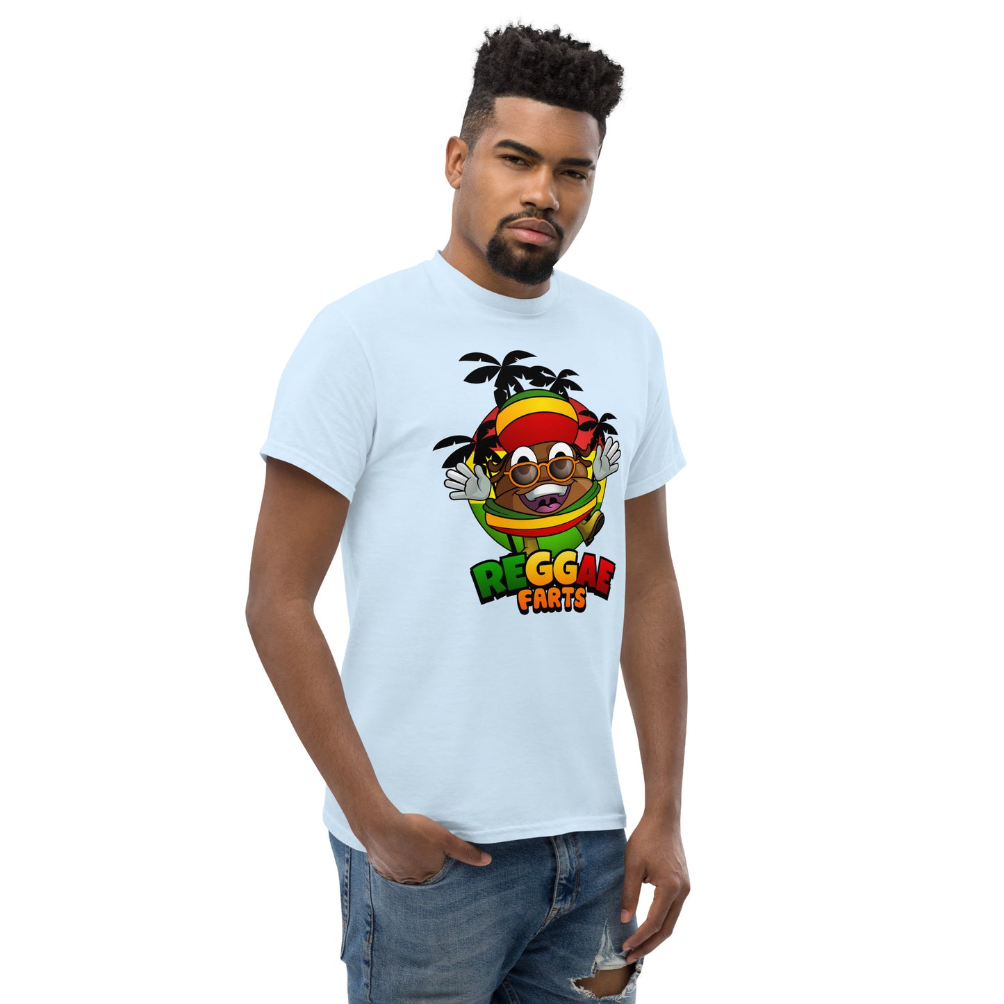 Mr Farts from Reggae Farts bold print on light blue t-shirt