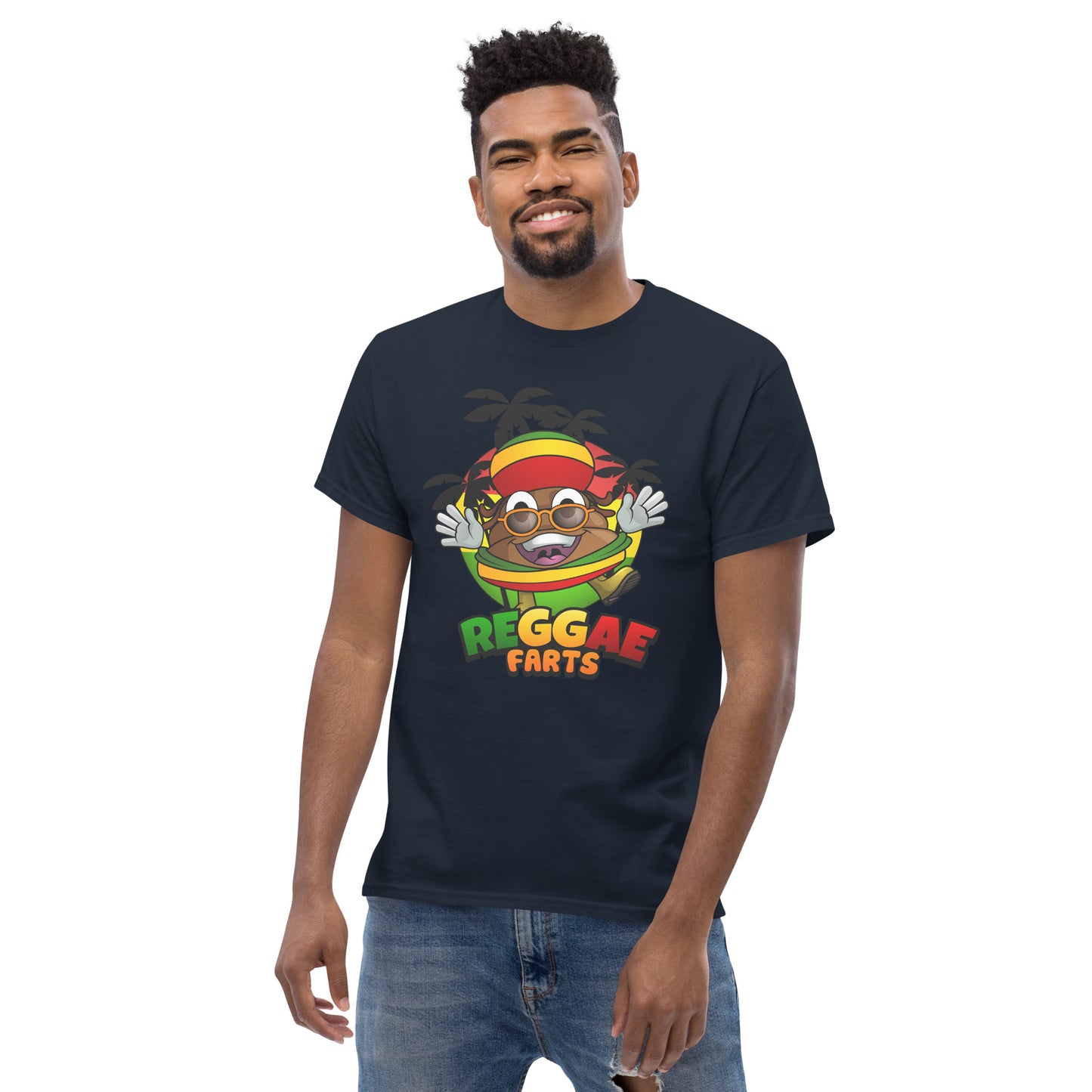 Model wearing navy Reggae Farts t-shirt