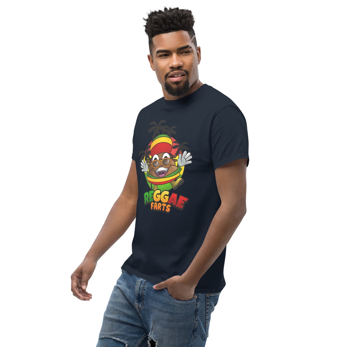 Side angle of model in navy reggae farts T-Shirt with bold print
