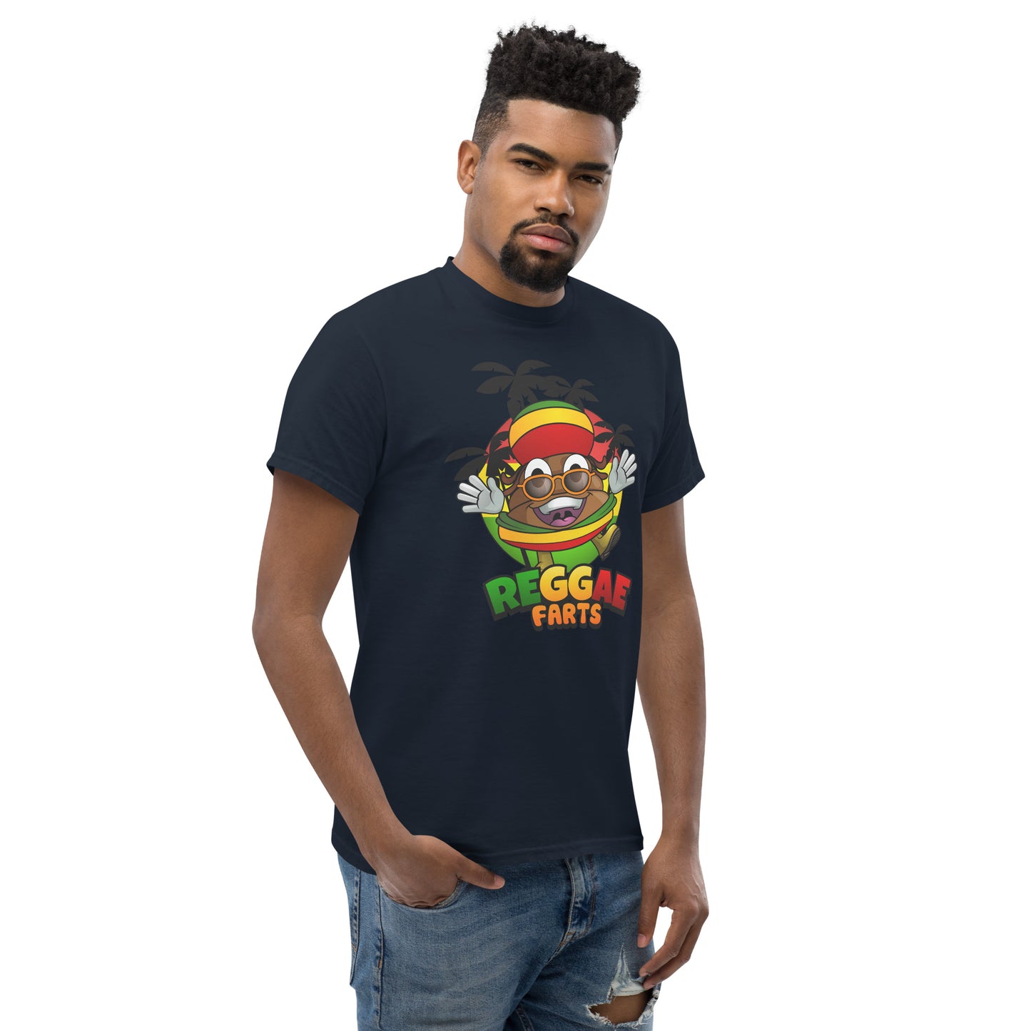 Mr Farts from Reggae Farts bold print on navy t-shirt