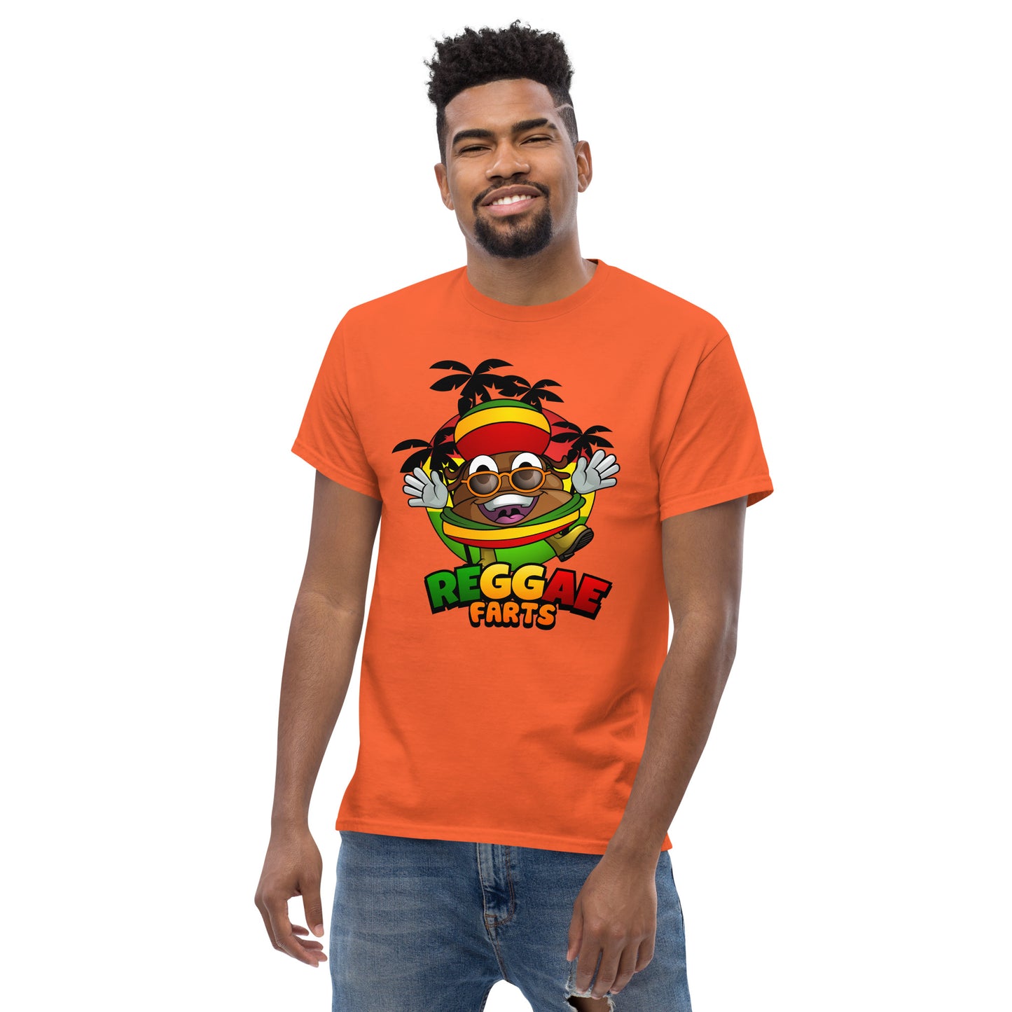 Orange Reggae Farts tee worn by model
