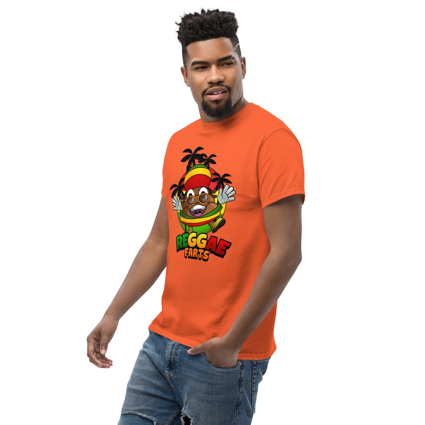Side angle of model in orange reggae farts T-Shirt with bold print