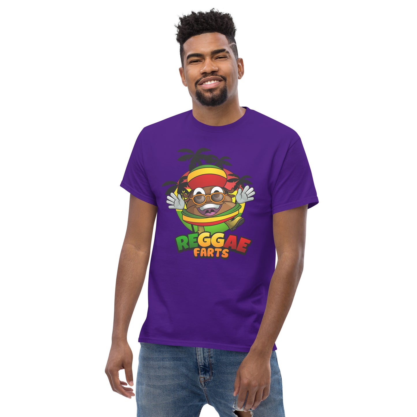 Model in purple Reggae Farts tee