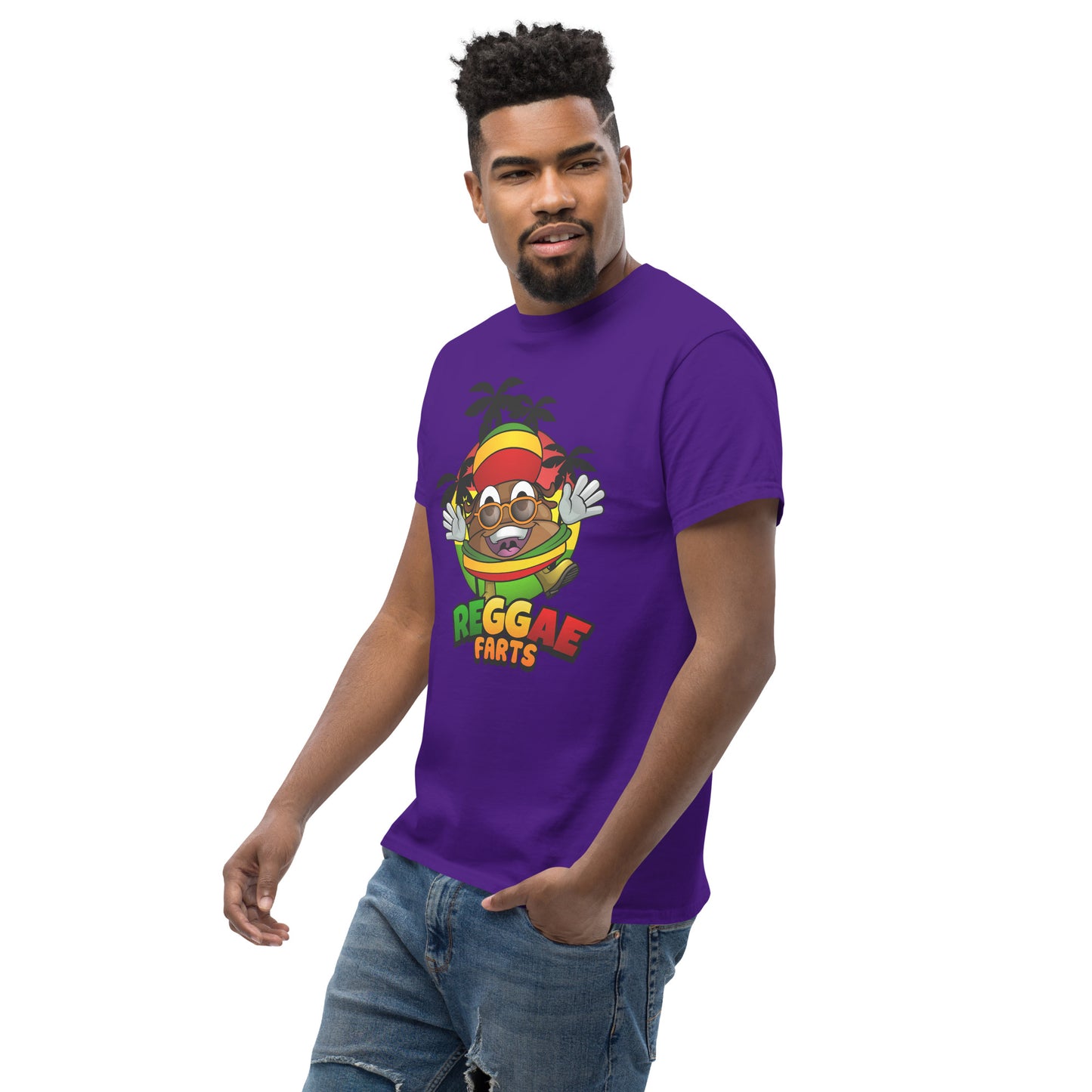 Side angle of model in purple reggae farts T-Shirt with bold print