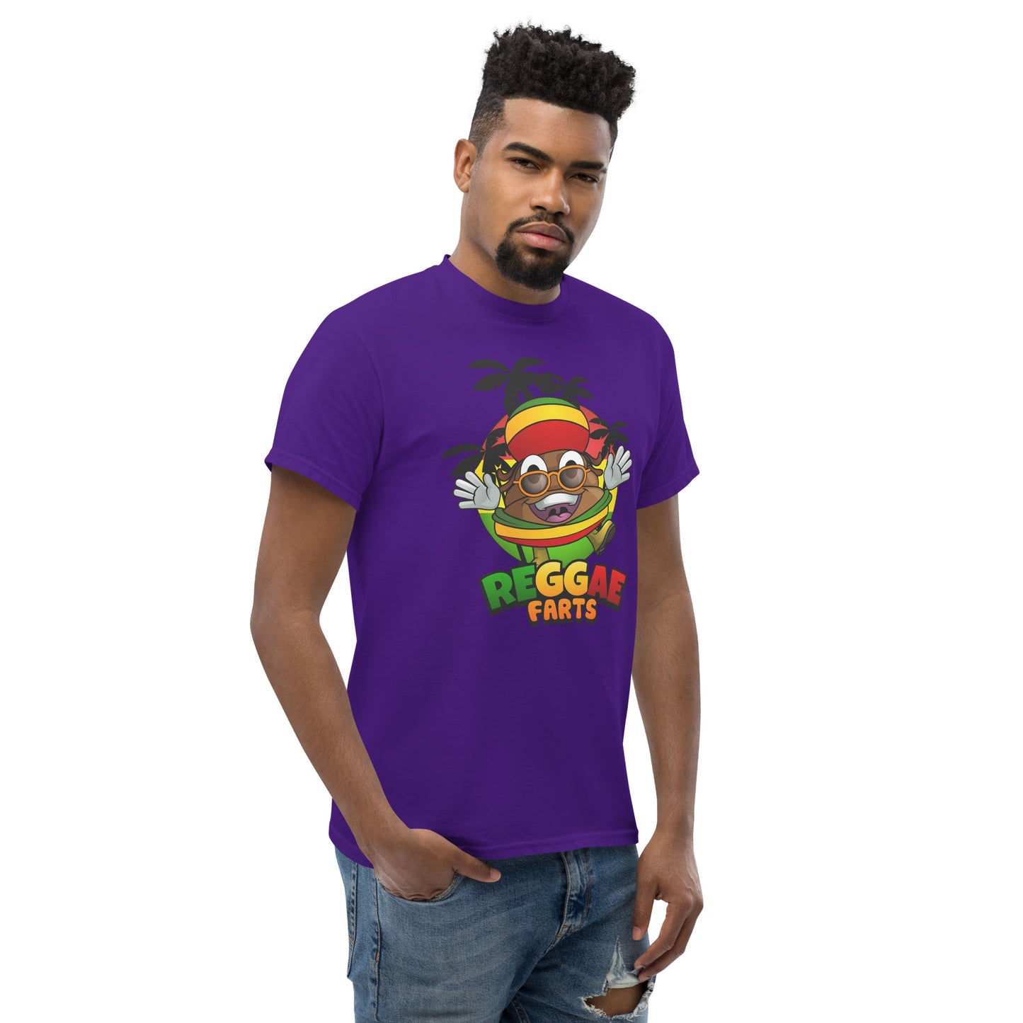 Mr Farts from Reggae Farts bold print on purple t-shirt