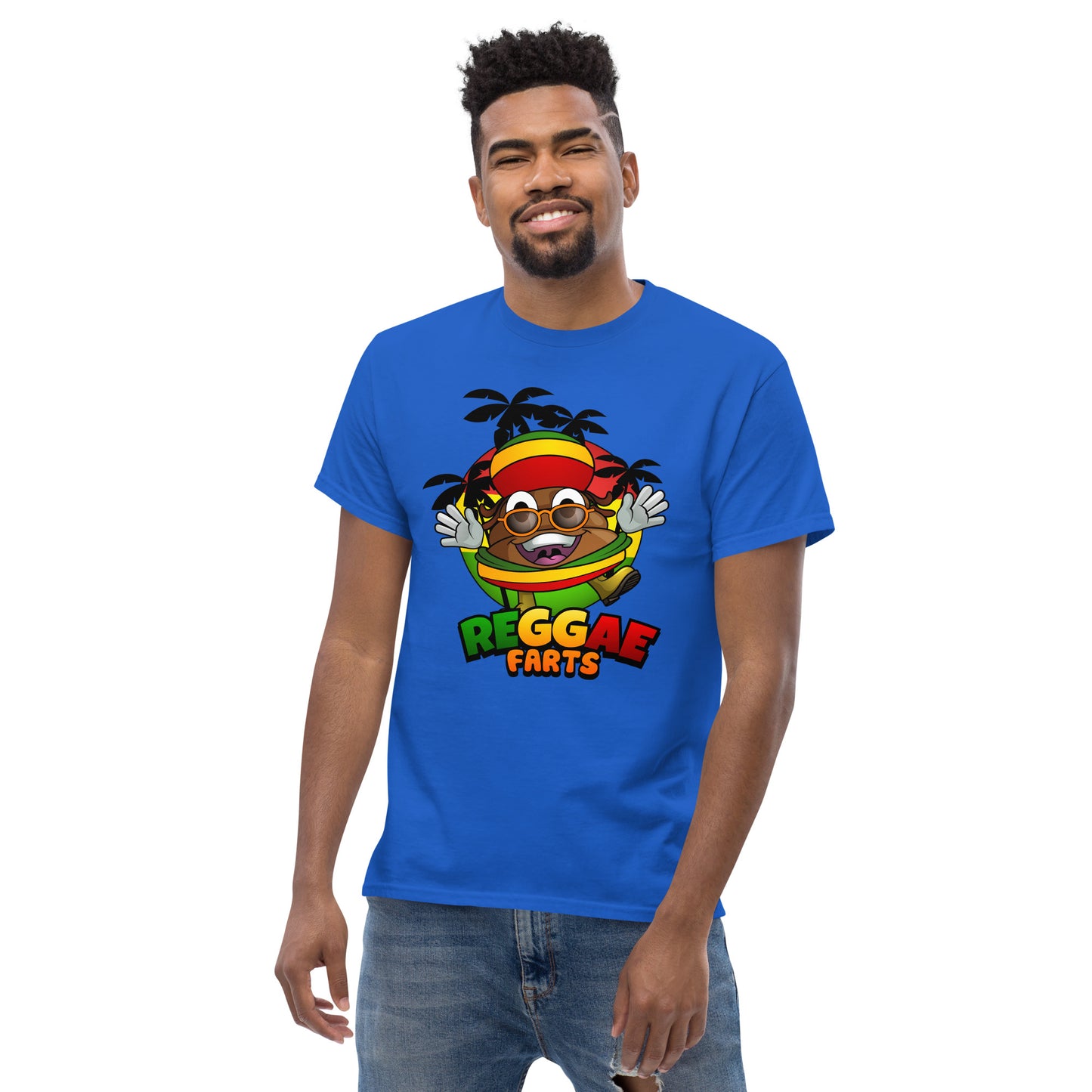 Model in blue Reggae Farts tee