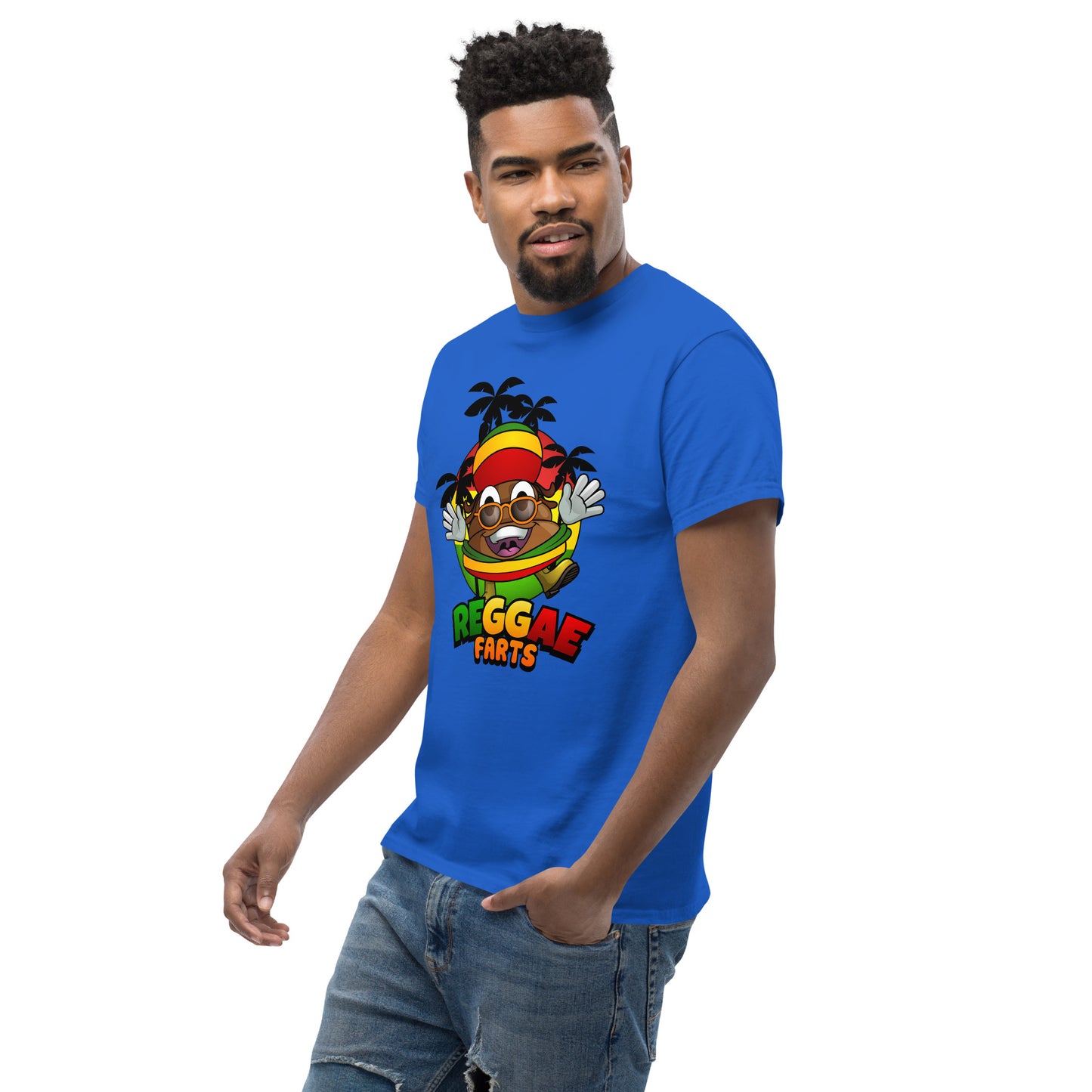 Side angle of model in blue reggae farts T-Shirt with bold print