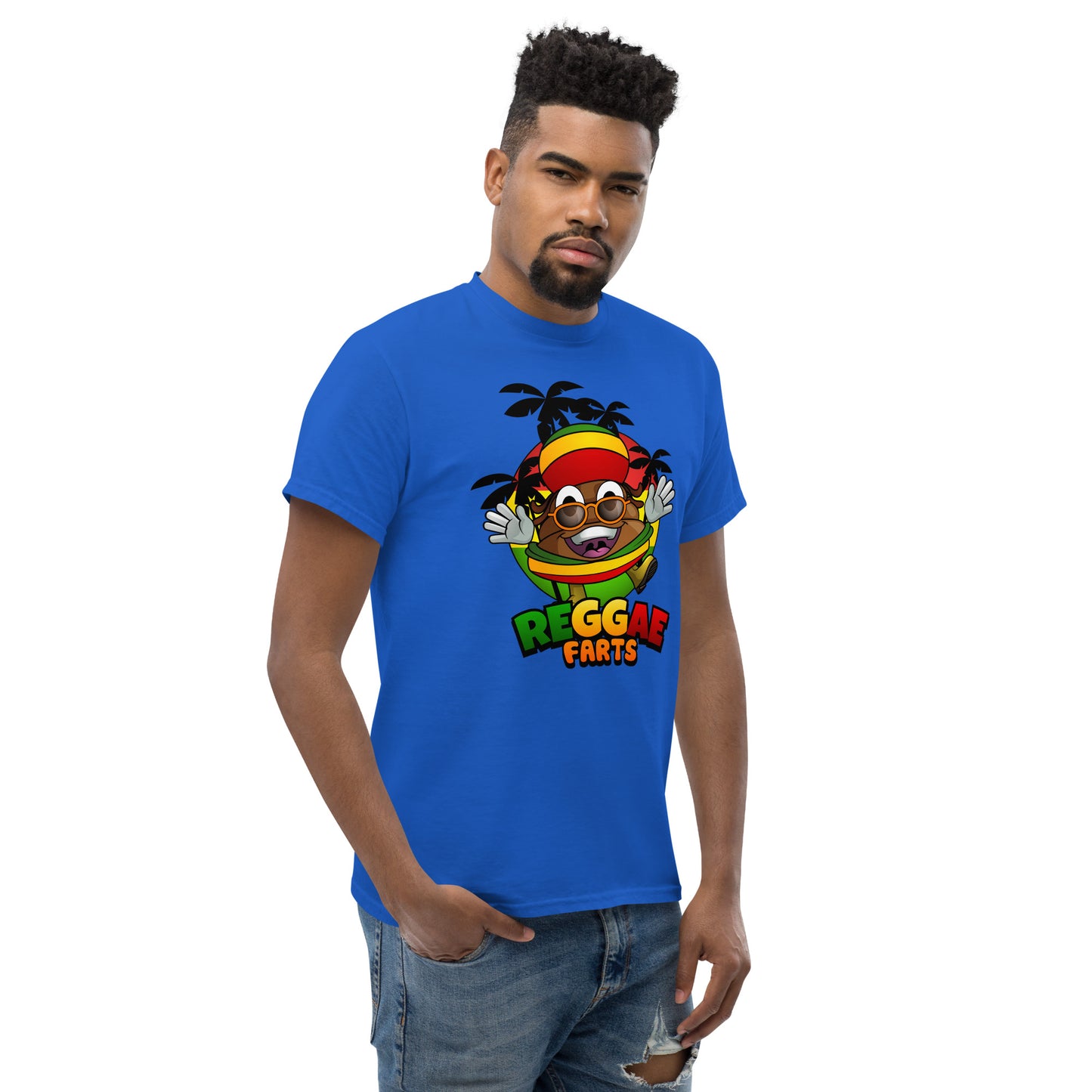 Mr Farts from Reggae Farts bold print on Blue t-shirt