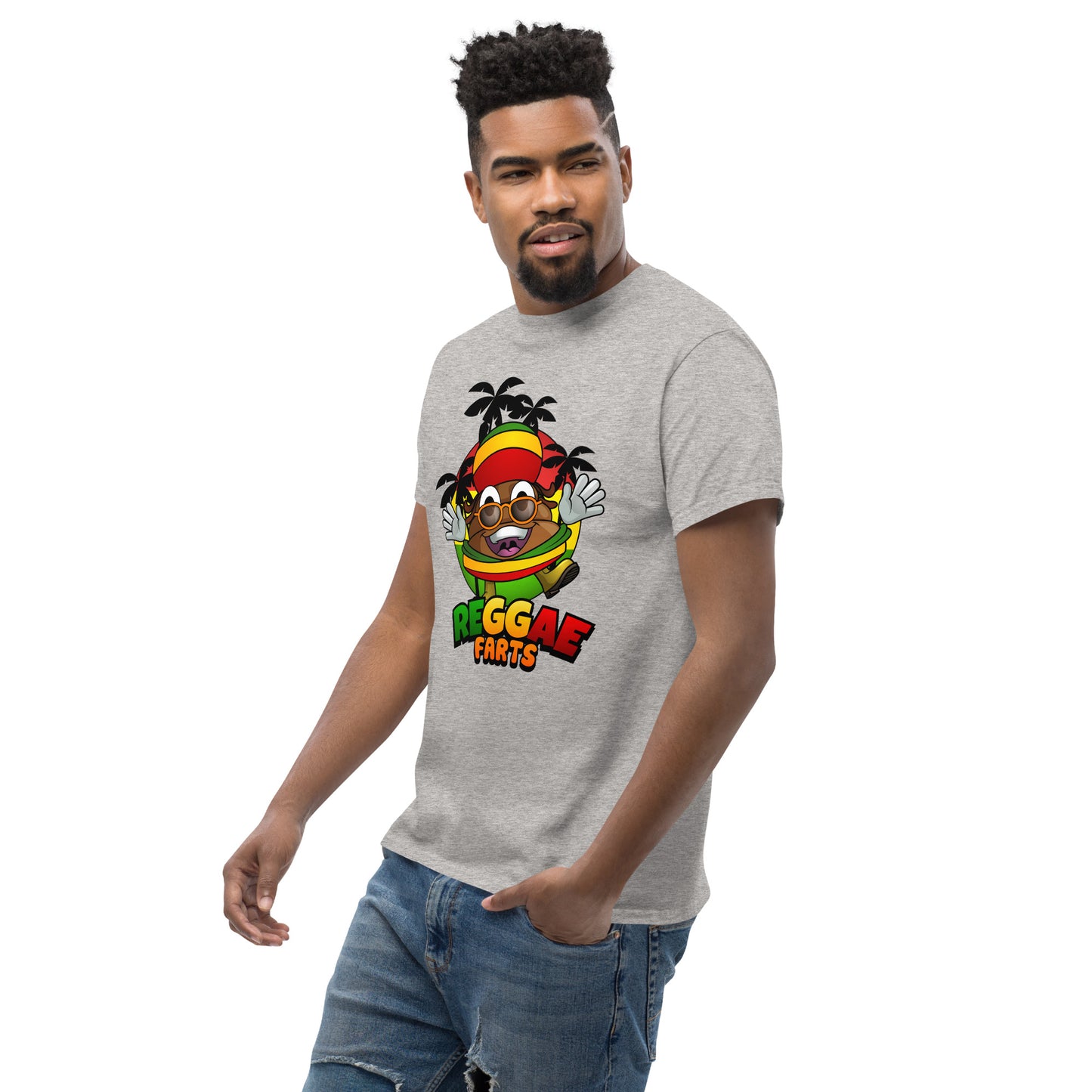 Model wearing Reggae Farts tee in grey