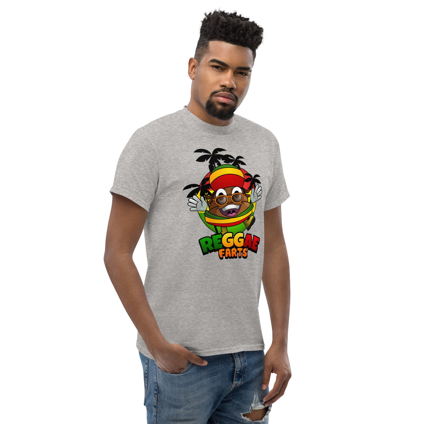 Side angle of model in grey reggae farts T-Shirt with bold print