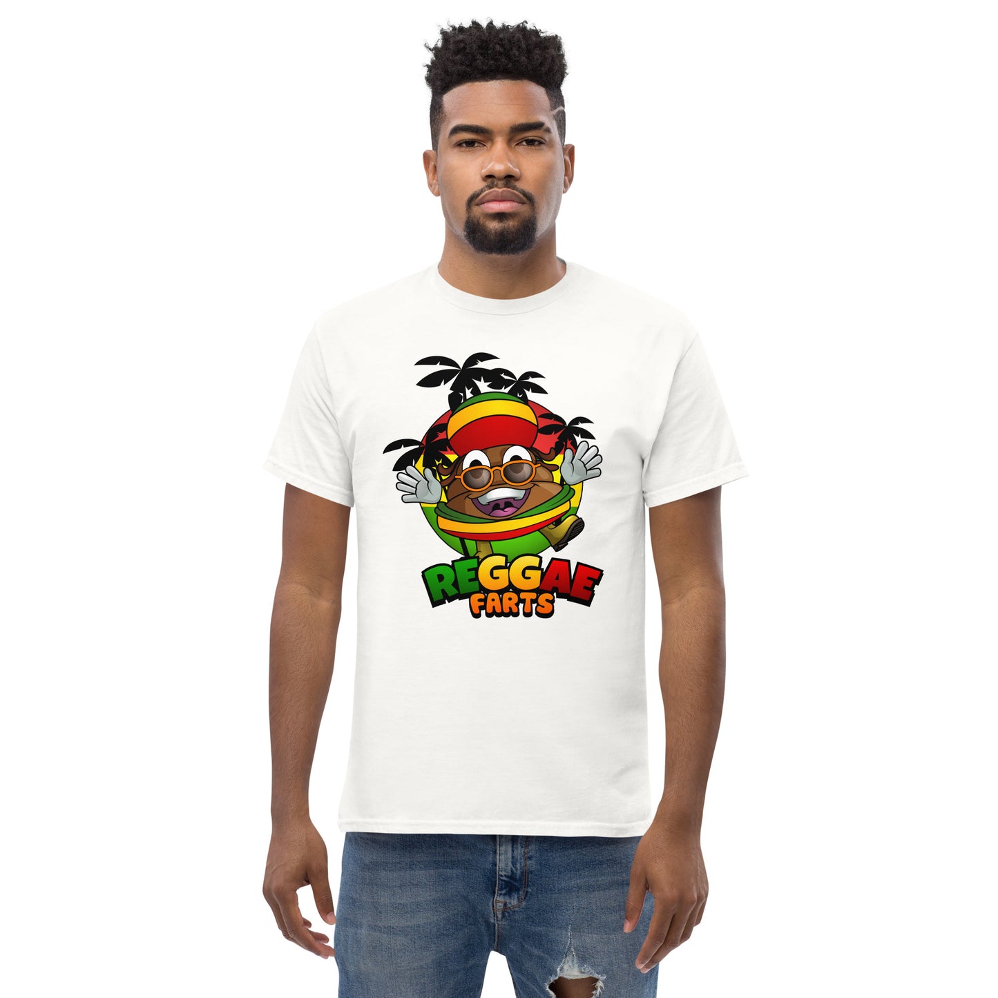 Mr Farts from Reggae Farts bold print on white t-shirt