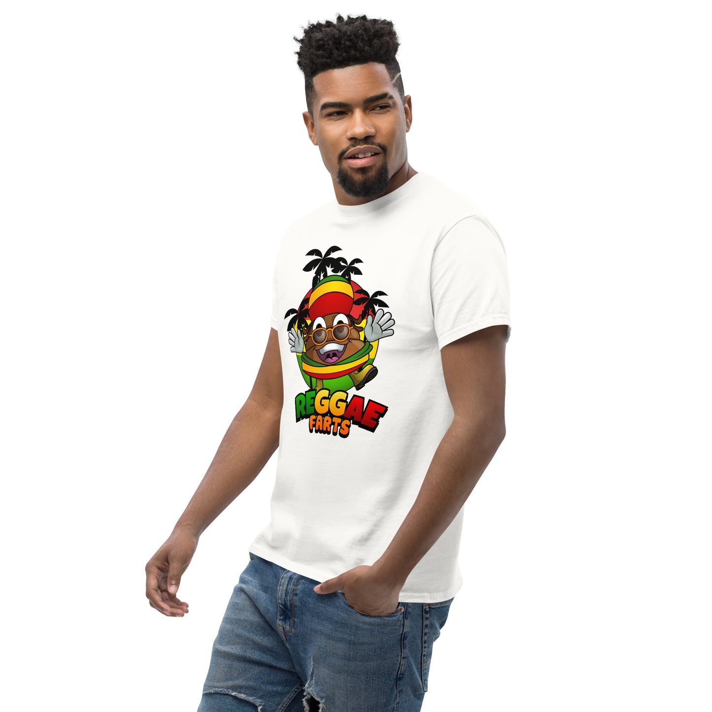 Side angle of model in white reggae farts T-Shirt with bold print
