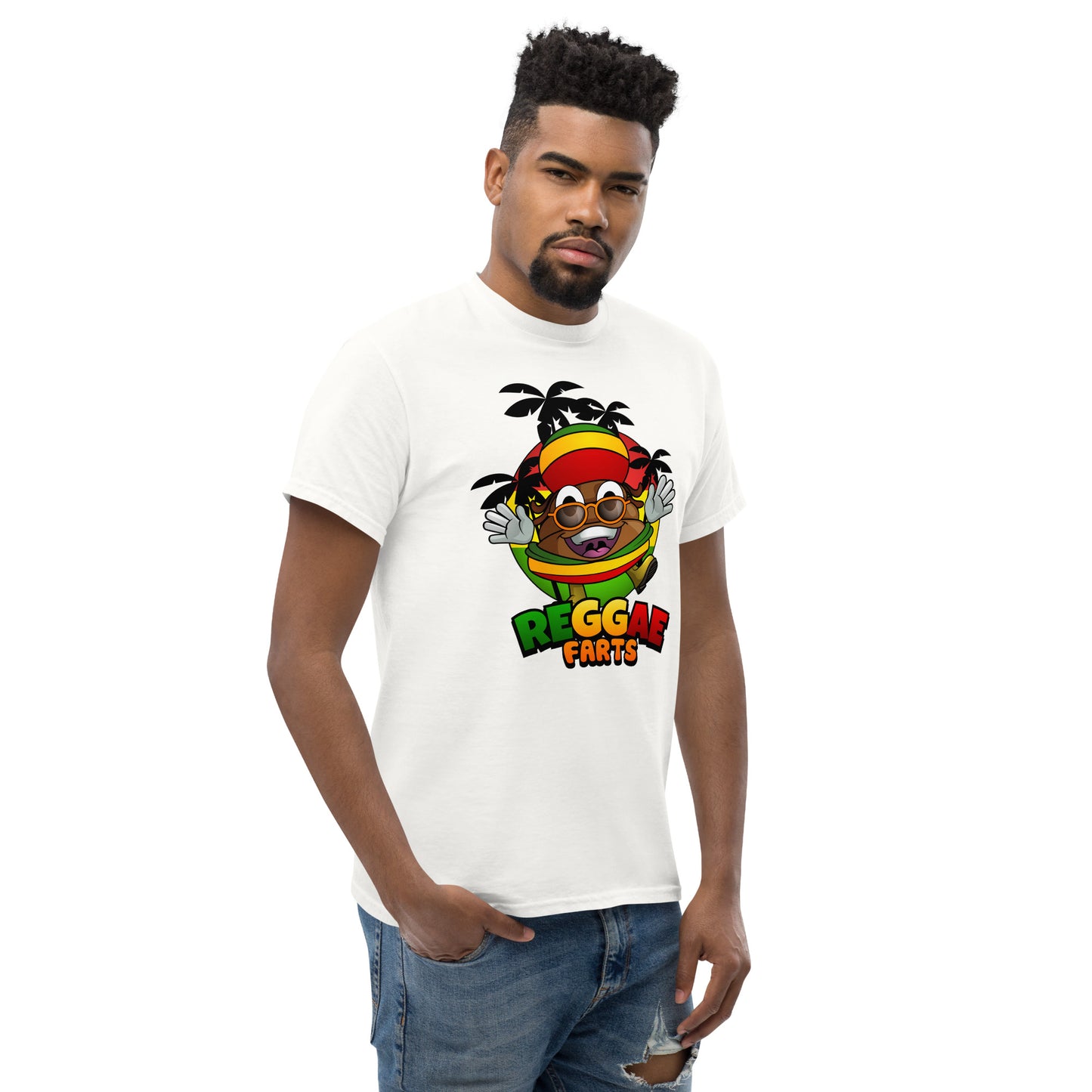 Mr Farts from Reggae Farts bold print on white t-shirt