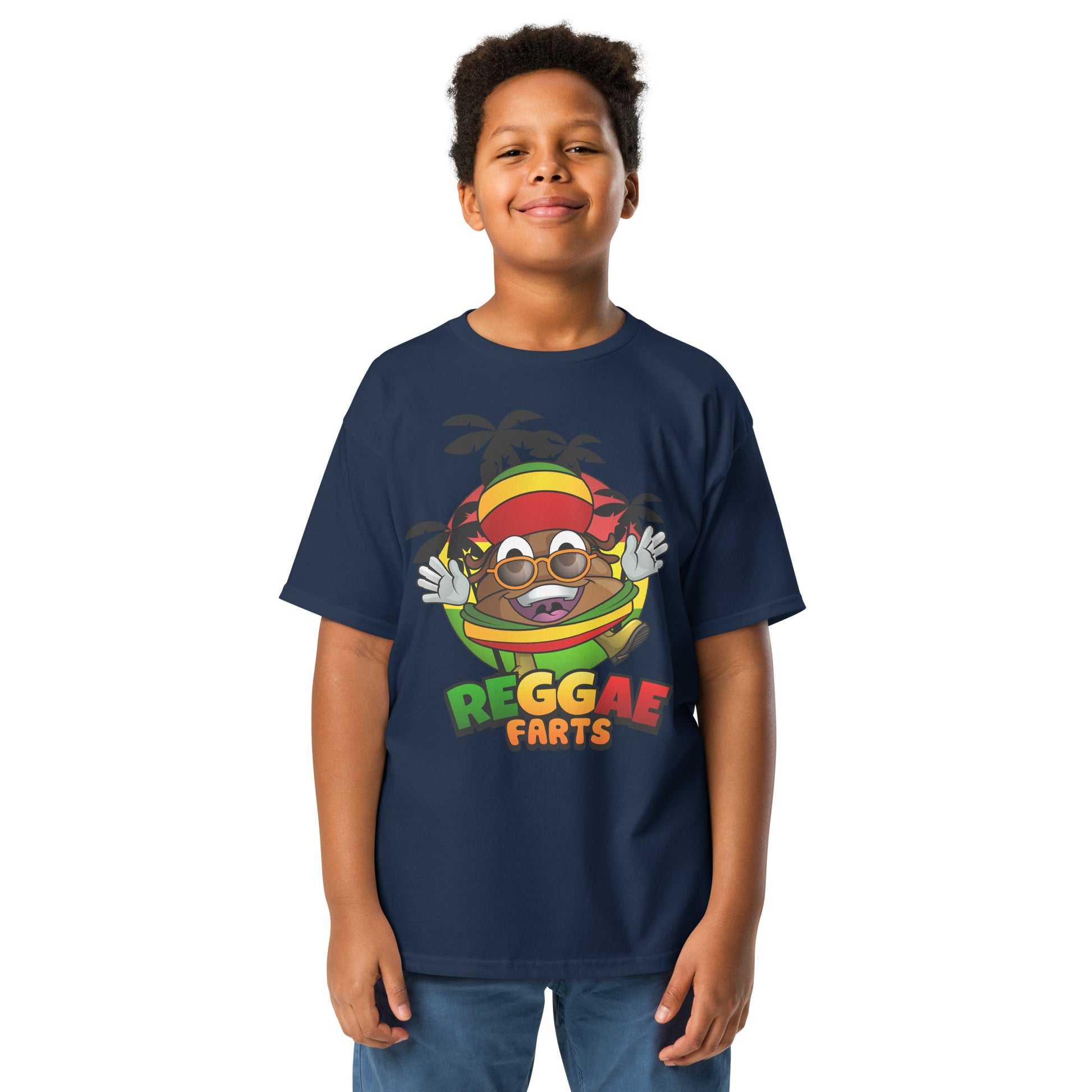 Navy blue Reggae Farts kids t-shirt with funny Mr Farts design