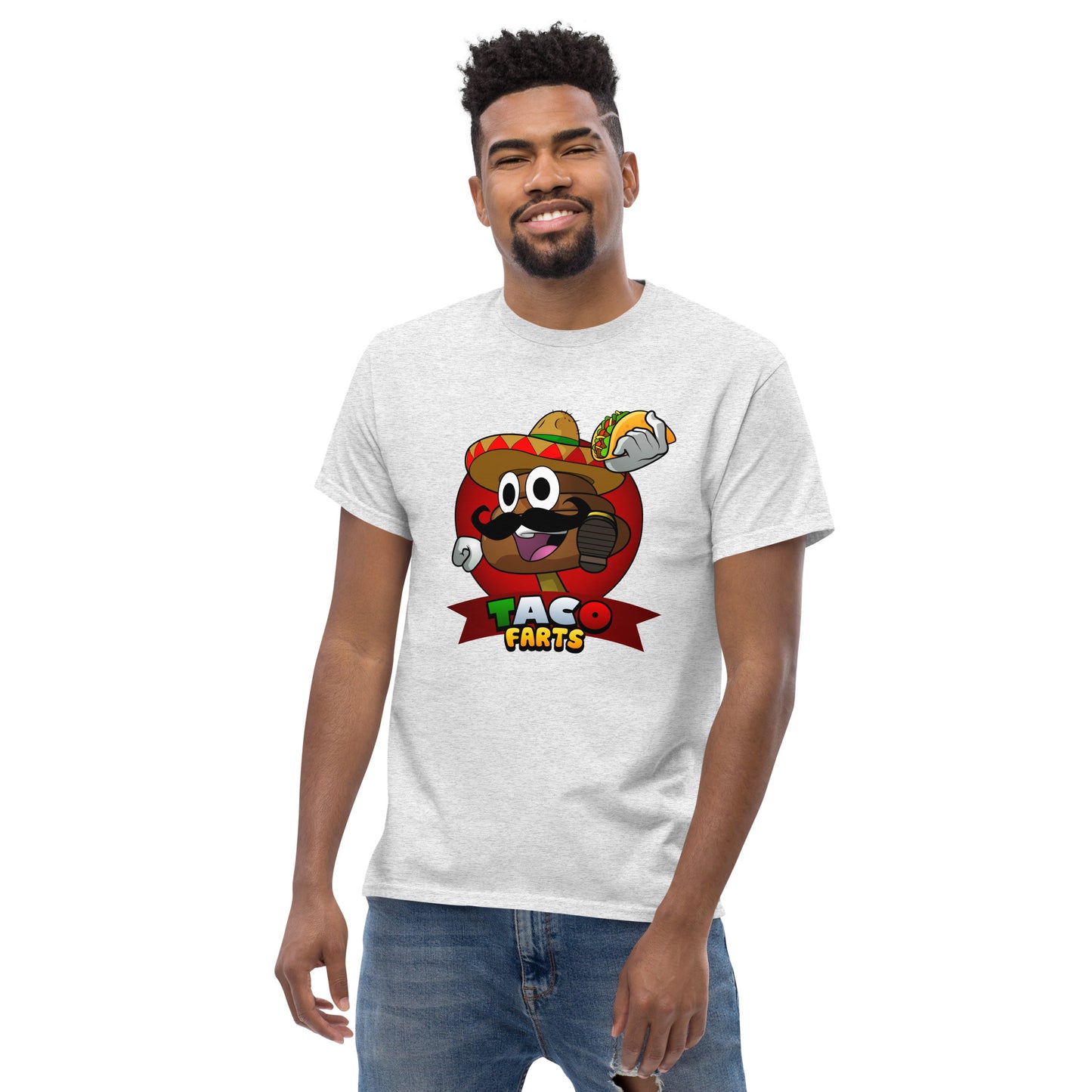 Ash Taco Farts tee worn by model front on