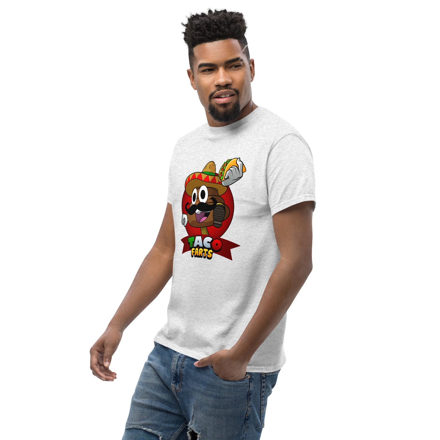 Side angle of Taco Farts print on ash tee