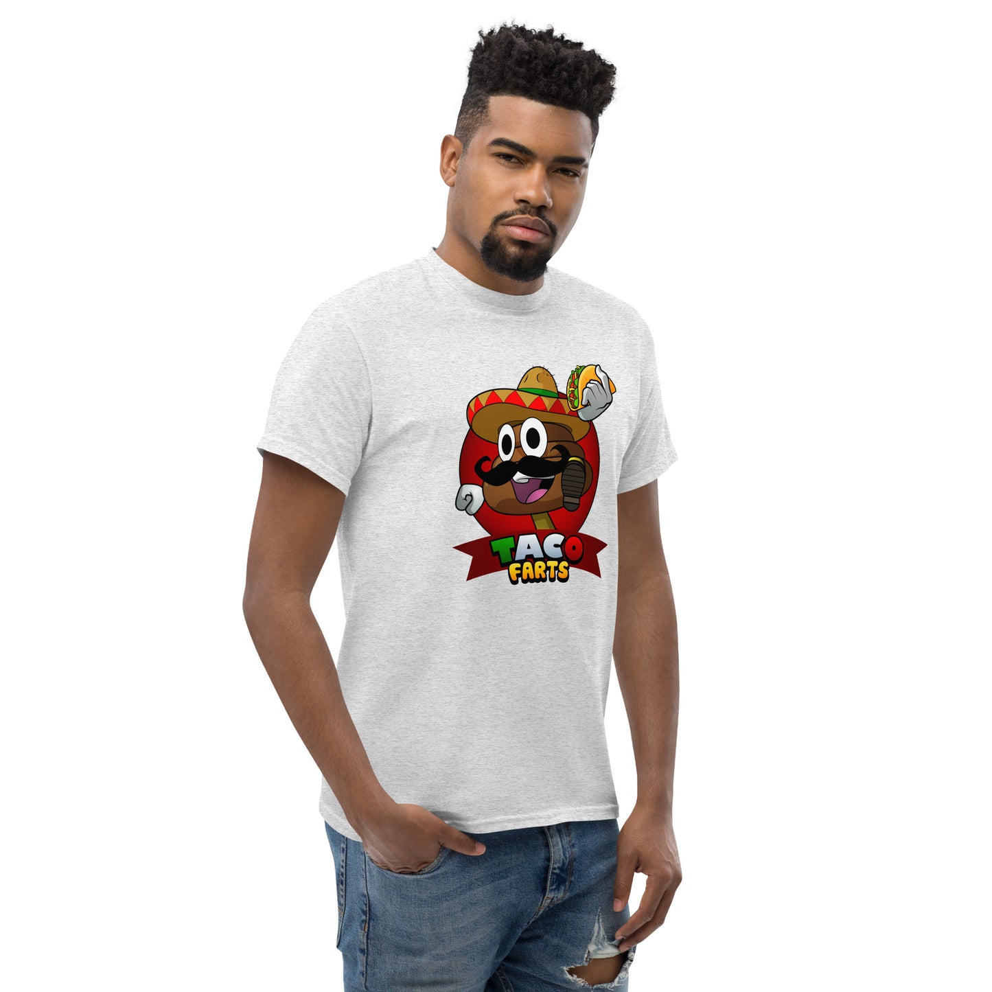 Ash T-shirt of model with Mr Farts from Taco Farts graphic on the front