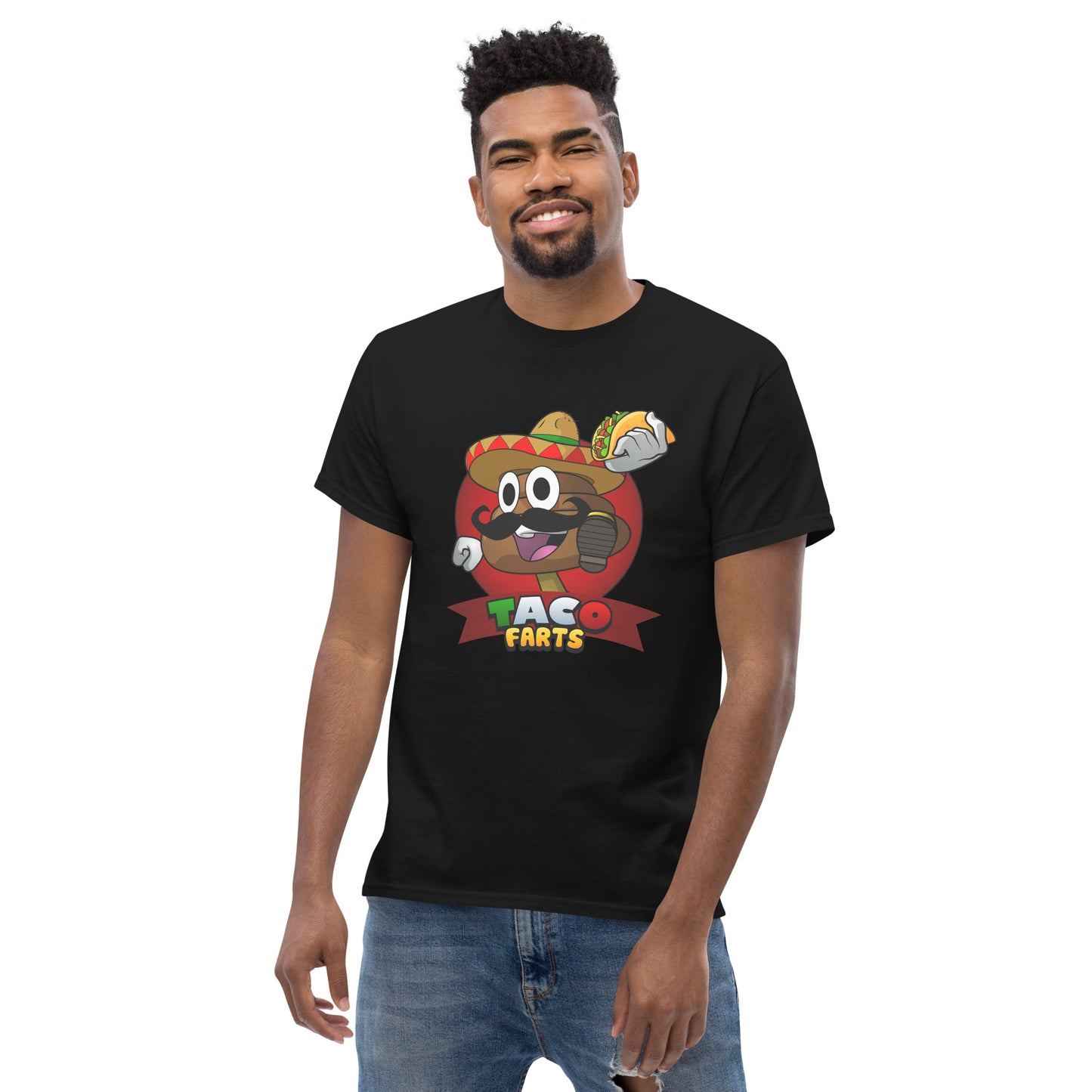Model wearing black Taco Farts shirt