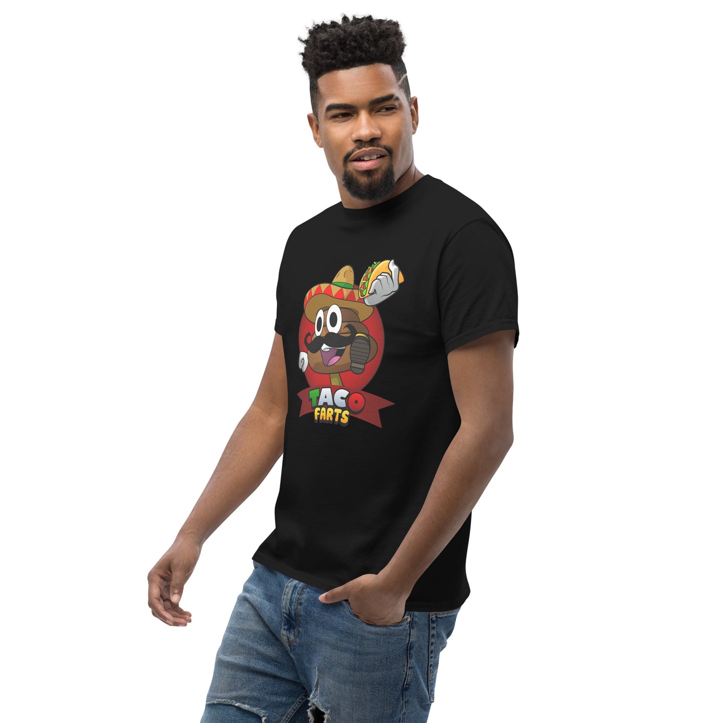 Bold Taco Farts design on black tee side on angle model hand in pocket