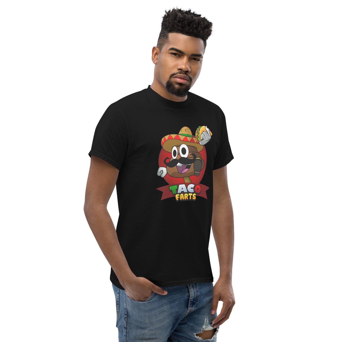 black Taco Farts t-shirt with logo other side on, model hand in pocket