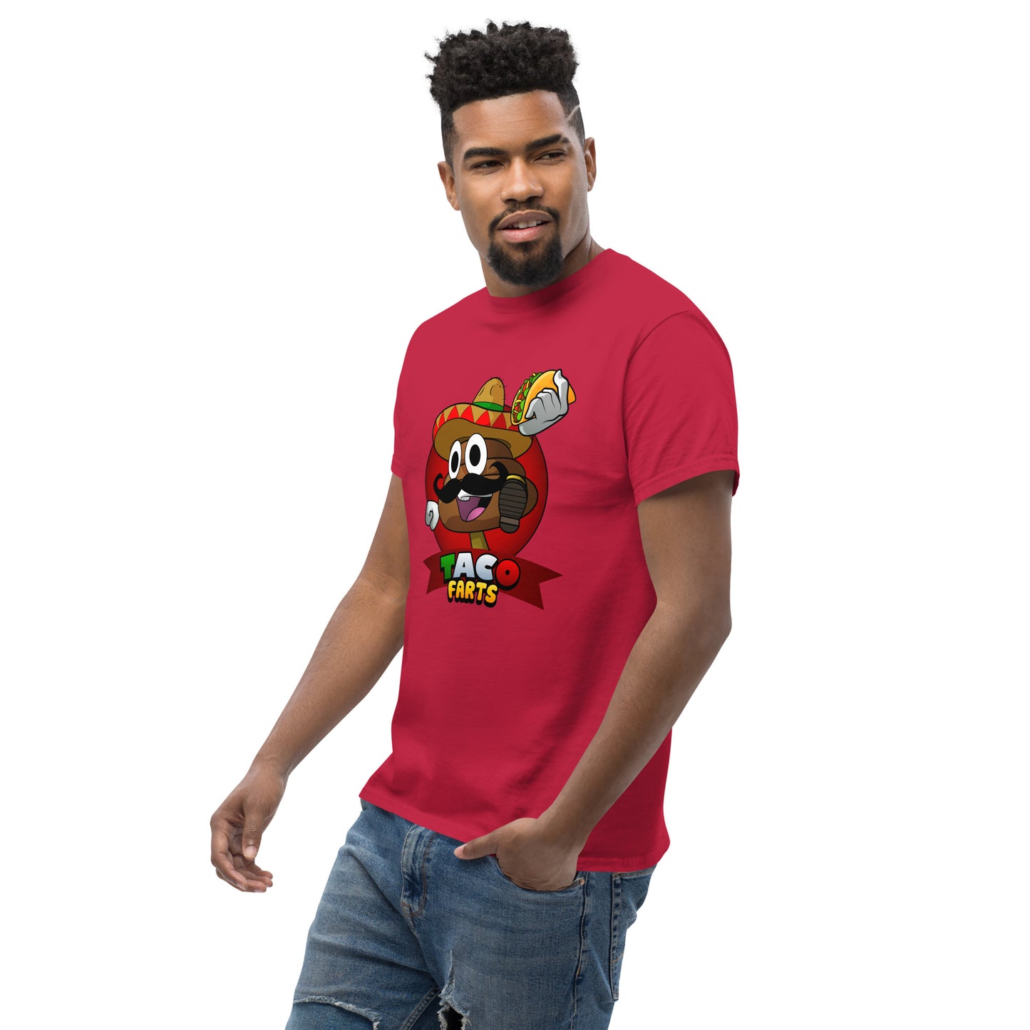 Side angle of red t-shirt with Mr Farts print