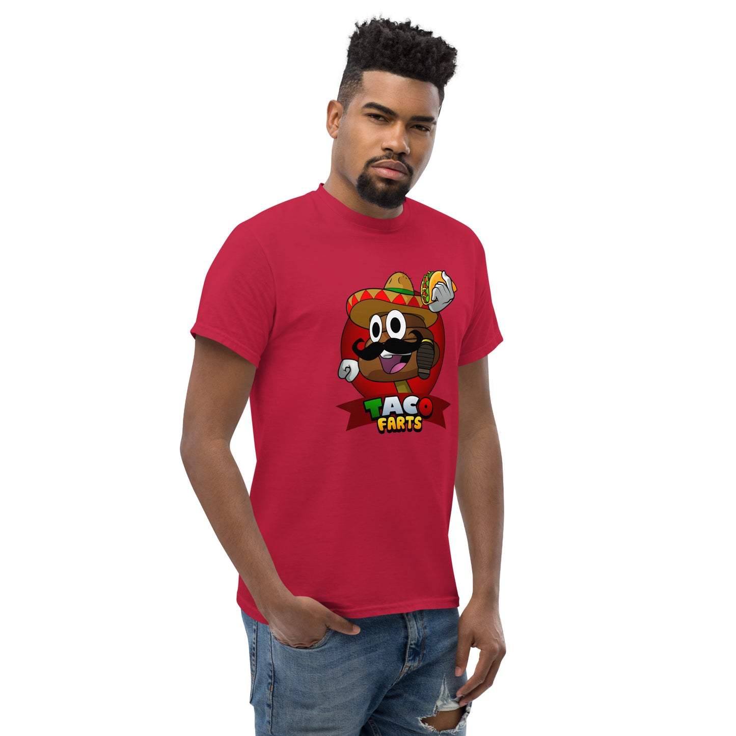 Mr Farts from Taco Farts print on red t-shirt