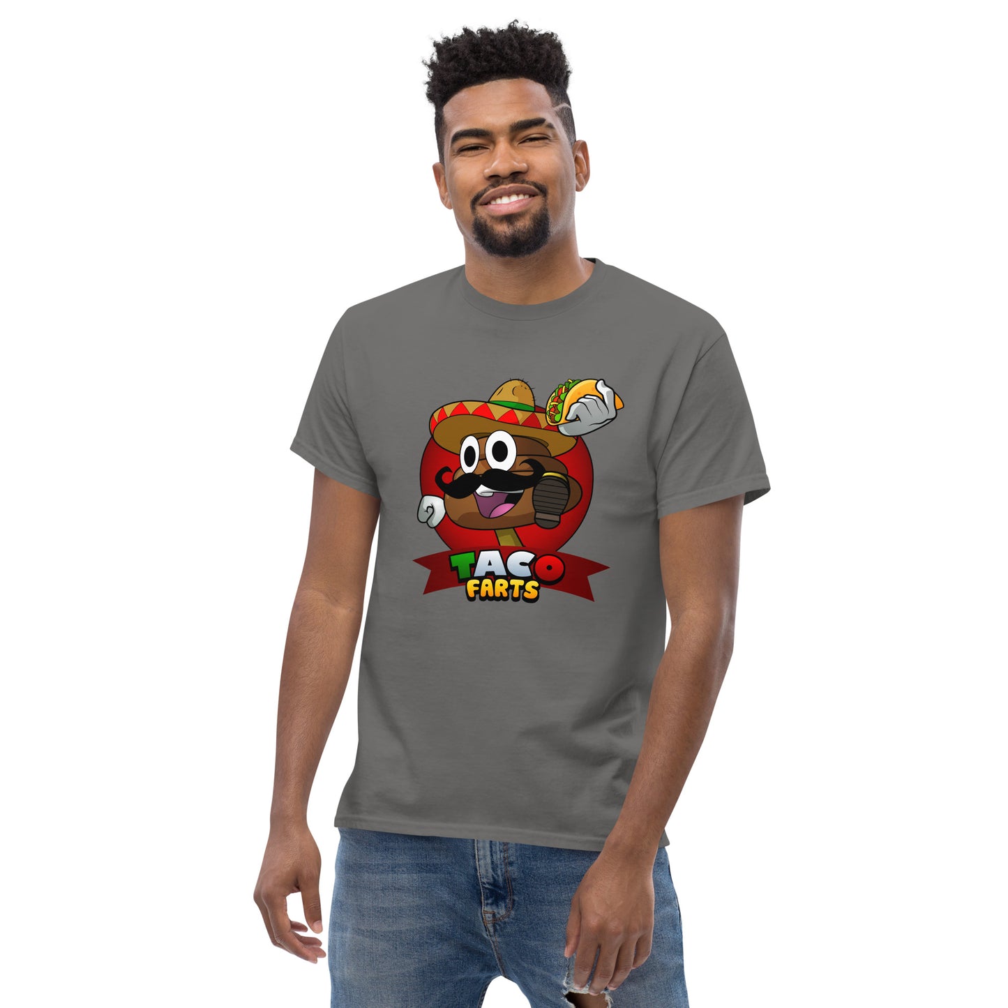 Model in charcoal Taco Farts tee