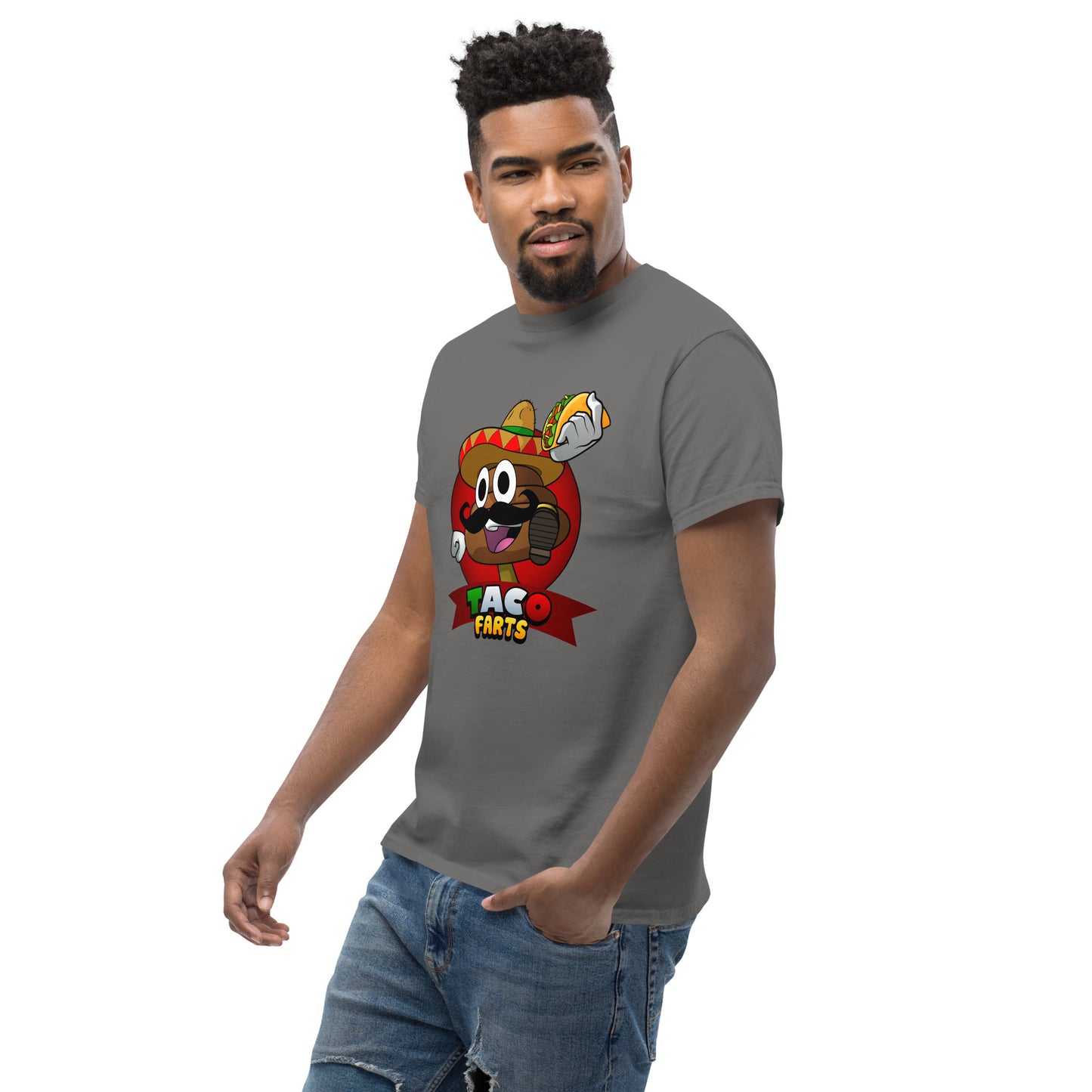 side angle of model in charcoal taco farts tee with bold print