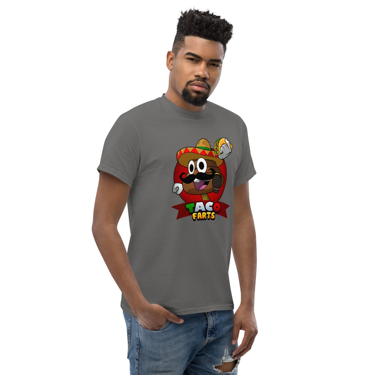 Mr Farts from Taco Farts print on charcoal t-shirt
