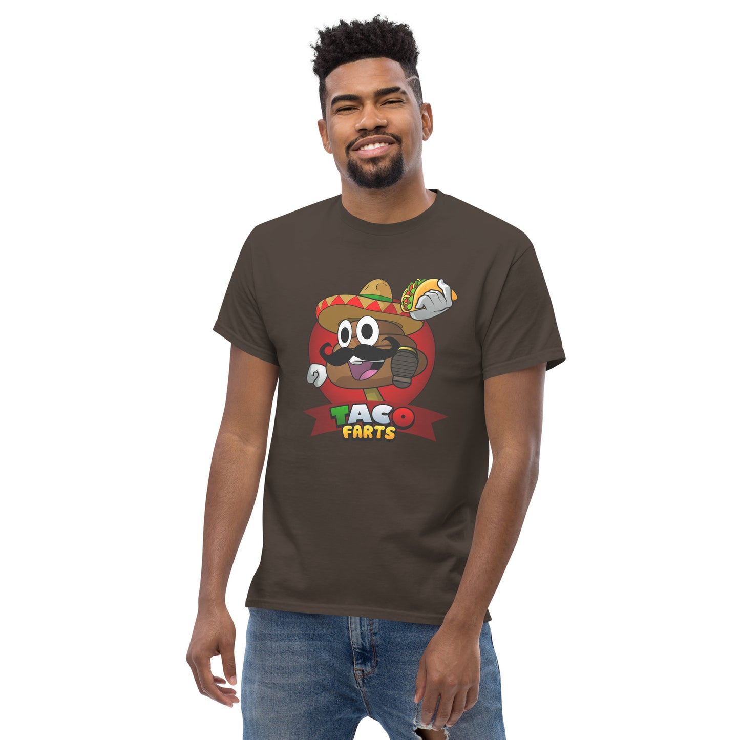 Model in dark chocolate Taco Farts tee