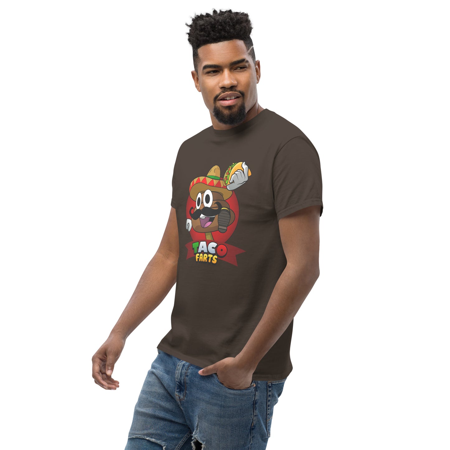Side angle of taco farts print on dark chocolate t-shirt
