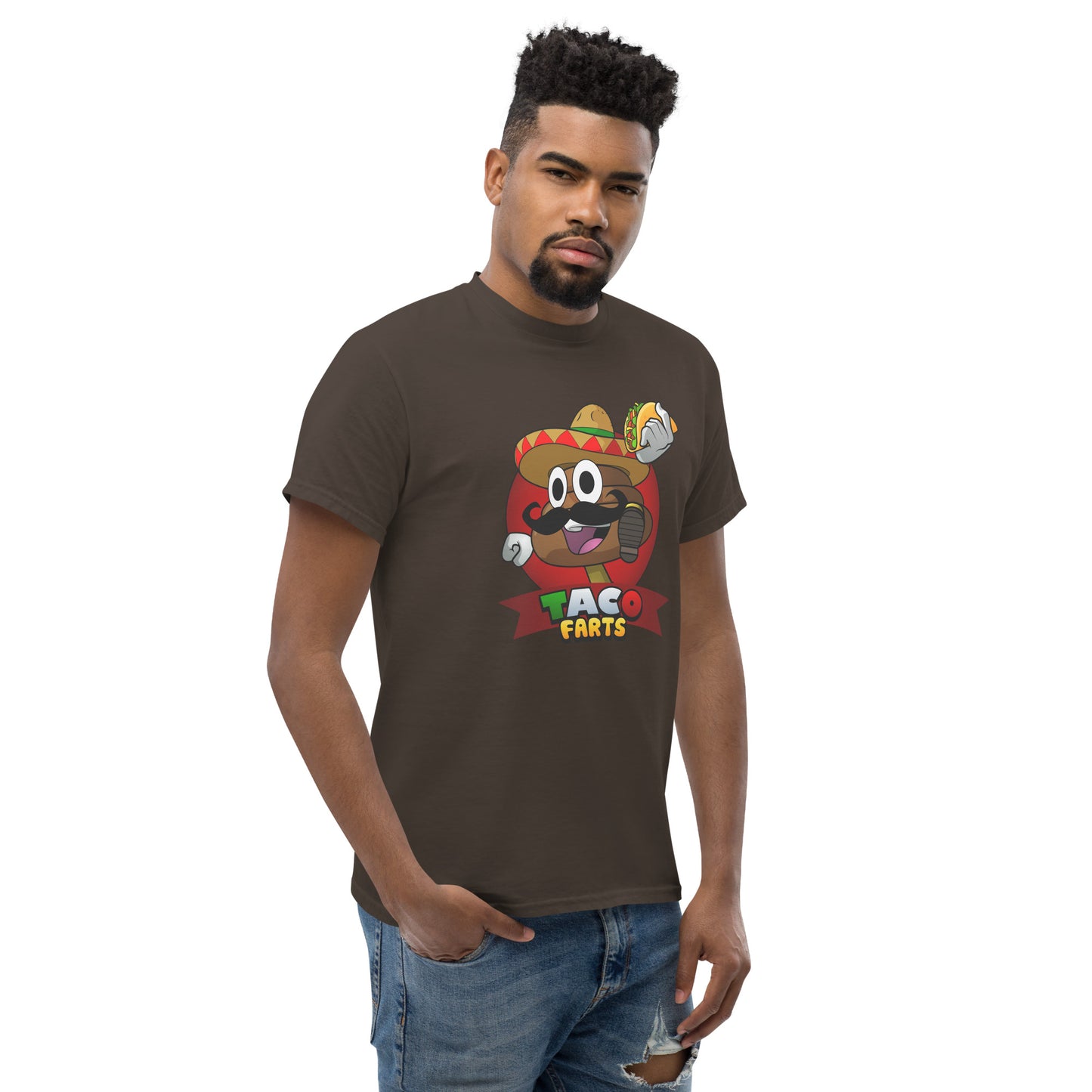 Mr Farts from Taco Farts bold print on Dark Chocolate t-shirt