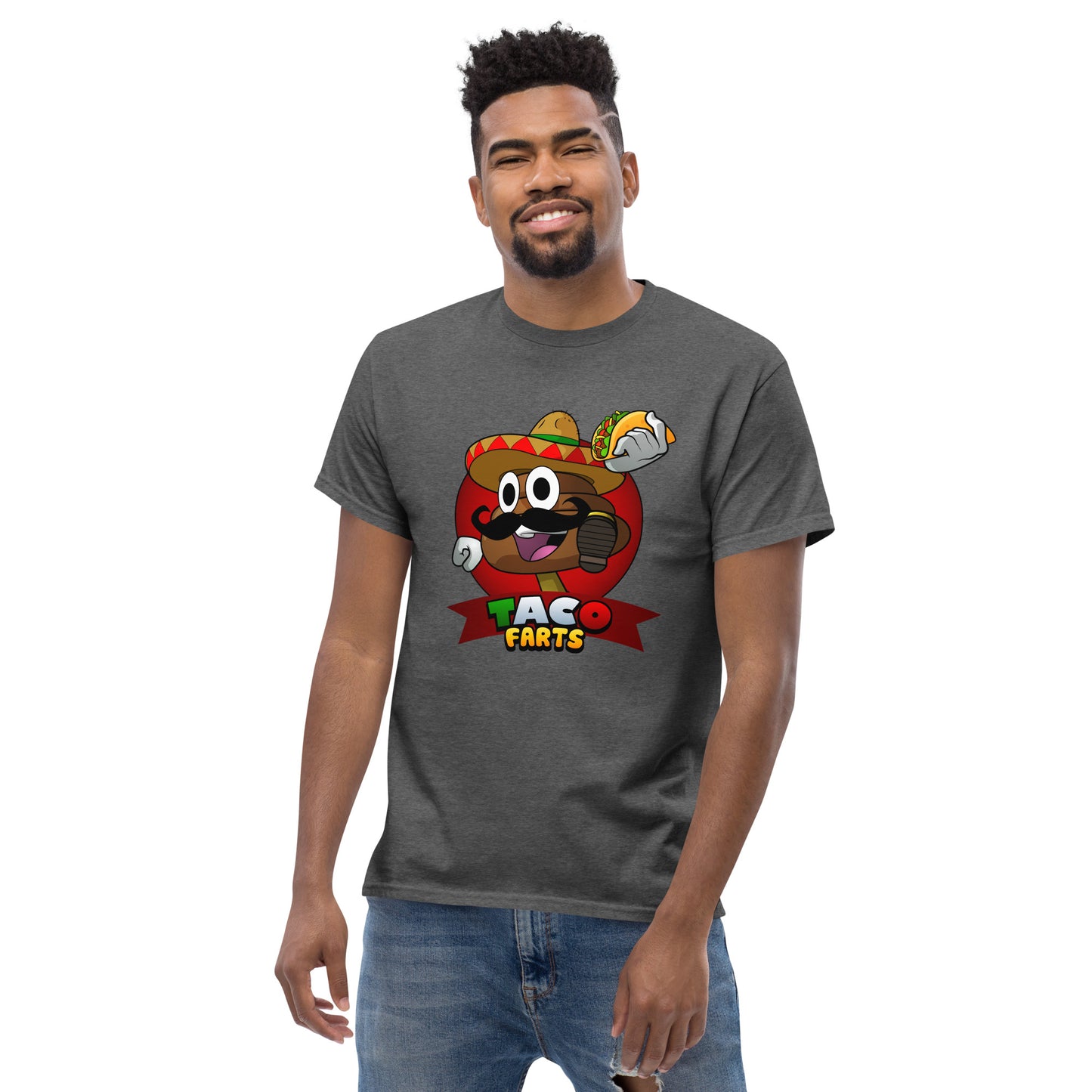 Model in dark heather Taco Farts tee