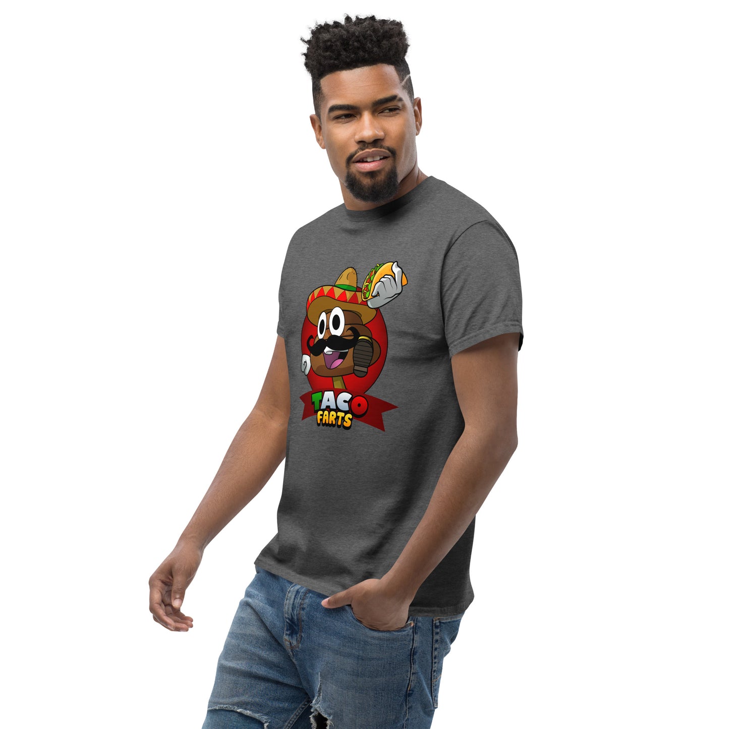Side angle of model in dark heather Taco Farts T-shirt with bold print