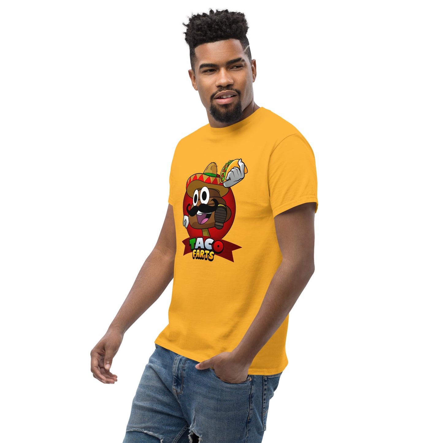 Side angle of model in gold Taco Farts T-Shirt with bold print