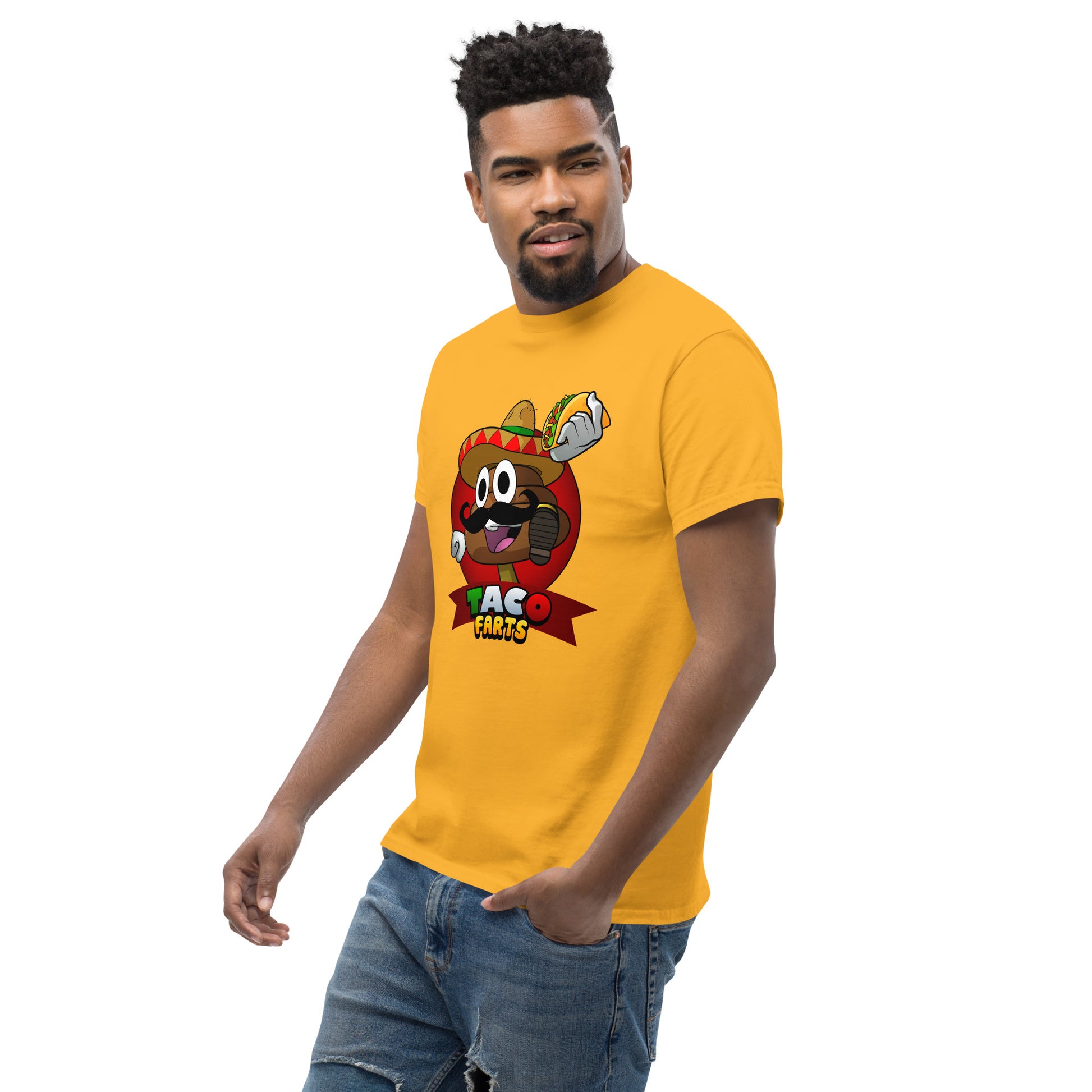 Side angle of model in gold Taco Farts T-Shirt with bold print