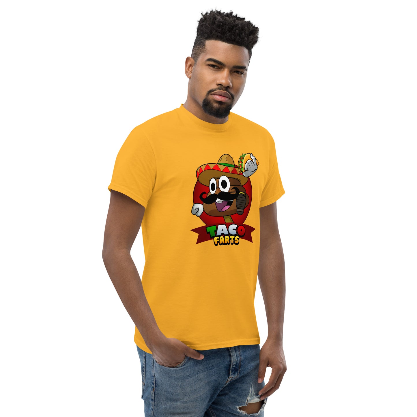 Mr Farts from Taco Farts bold print on Gold t-shirt