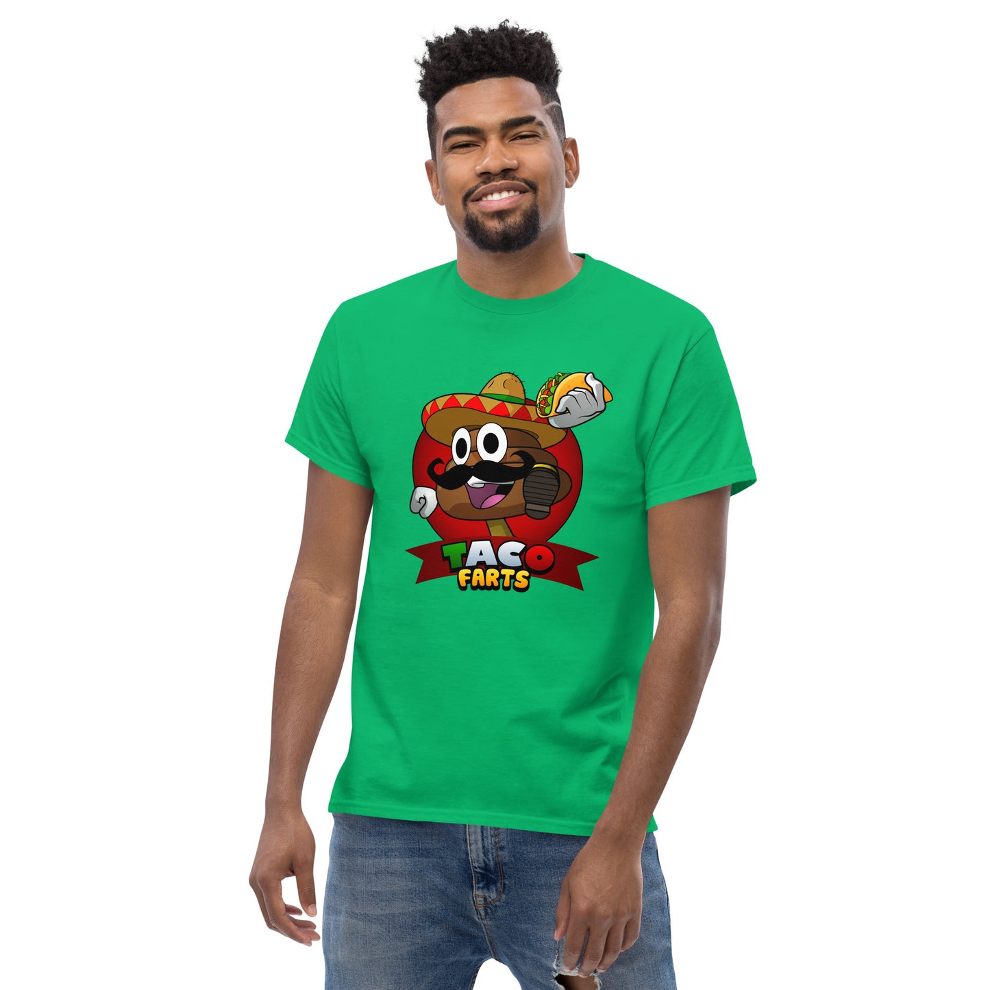 Green Taco Farts tee on model
