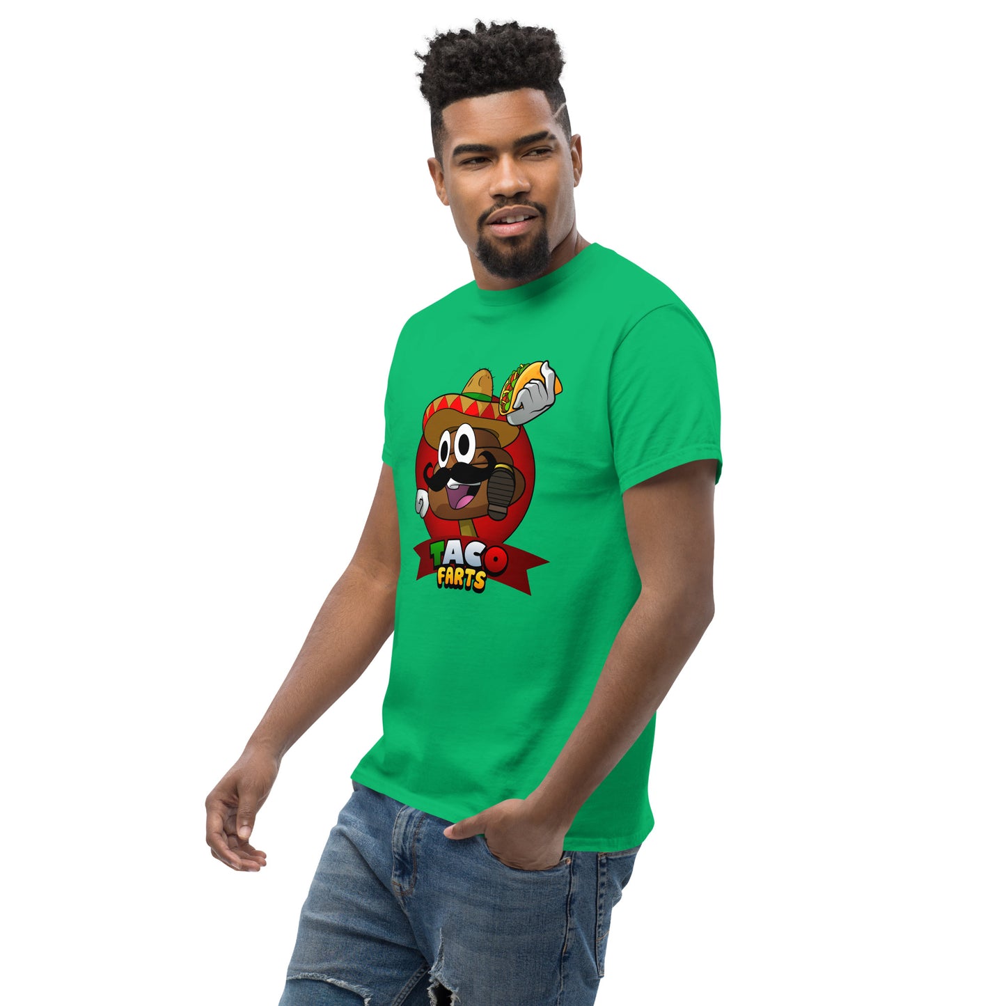 Side angle of model in green Taco Farts T-Shirt with bold print