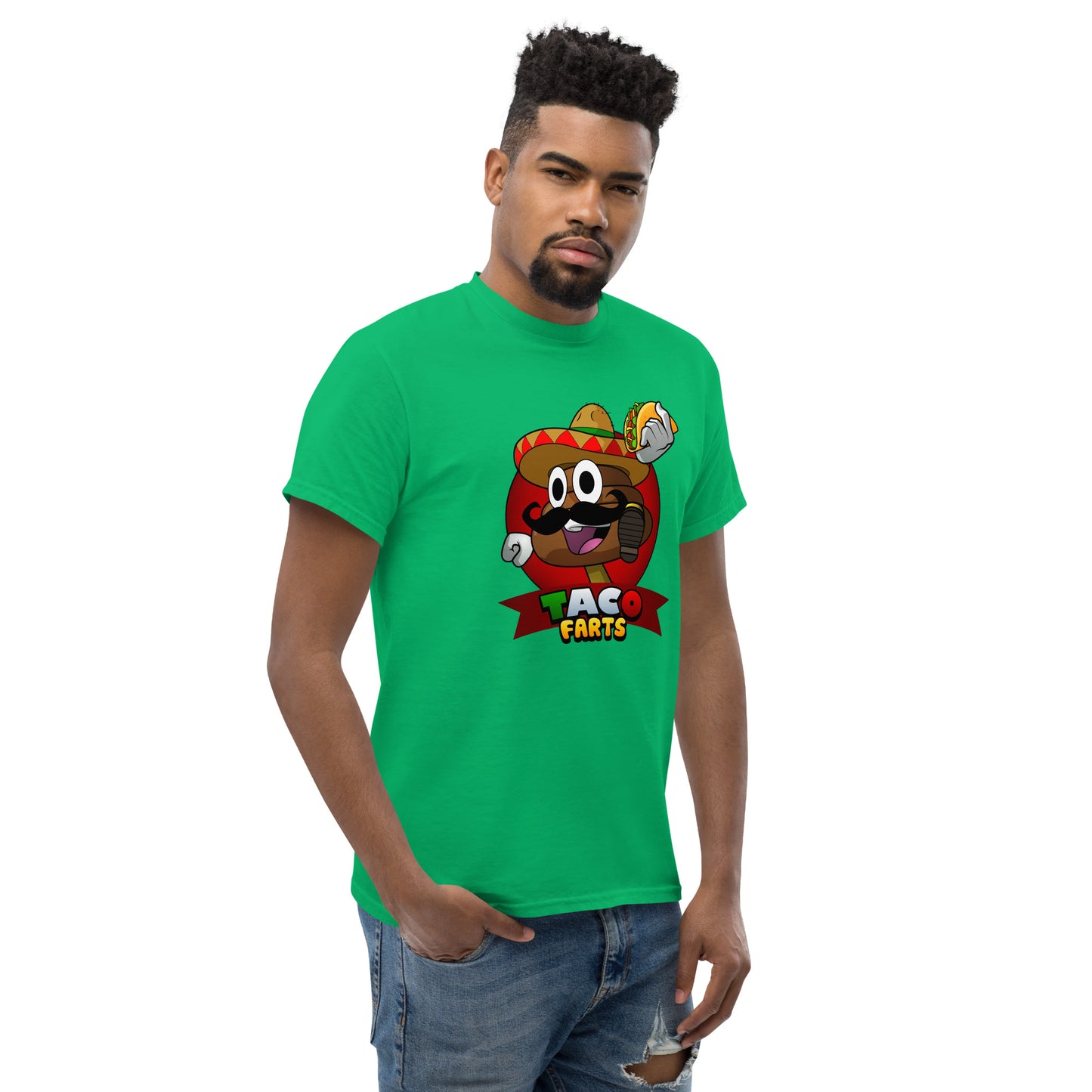 Mr Farts from Taco Farts bold print on green t-shirt