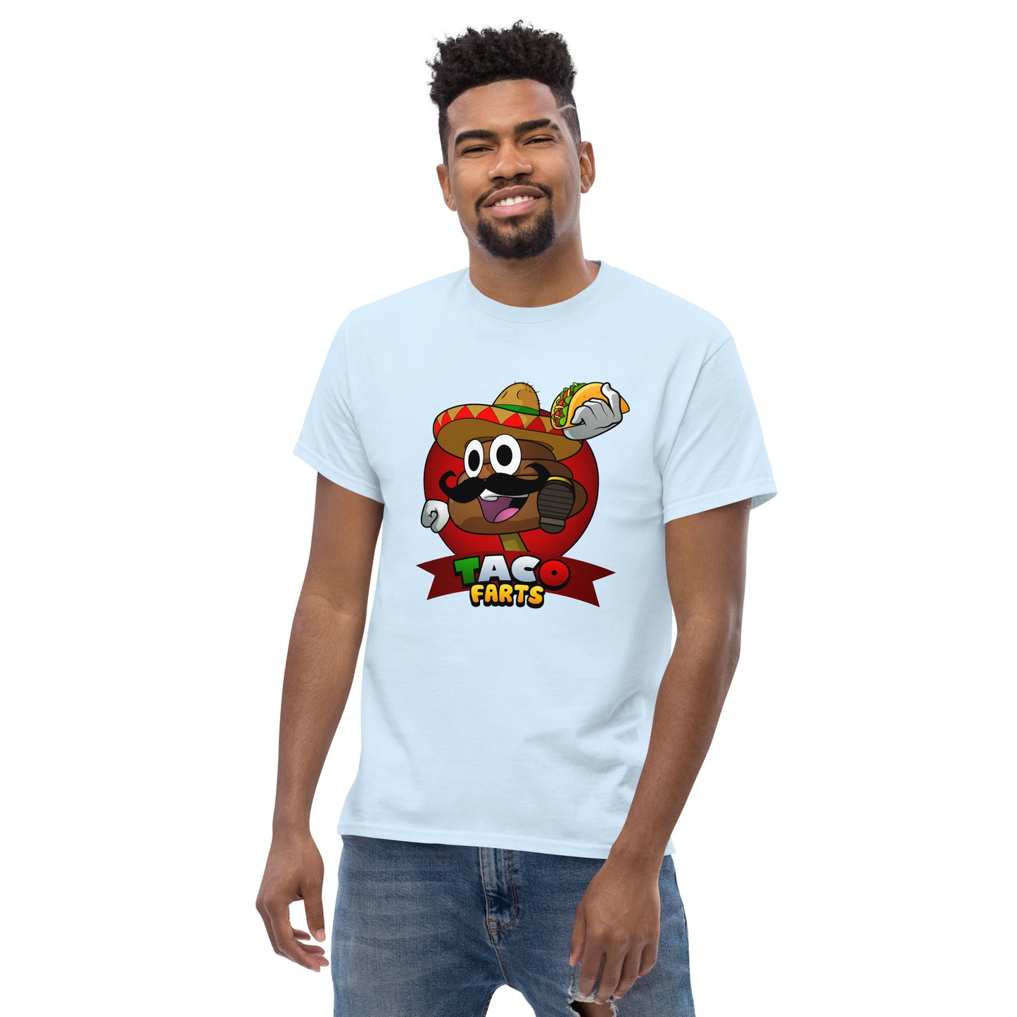 Model wearing light blue Taco Farts tee